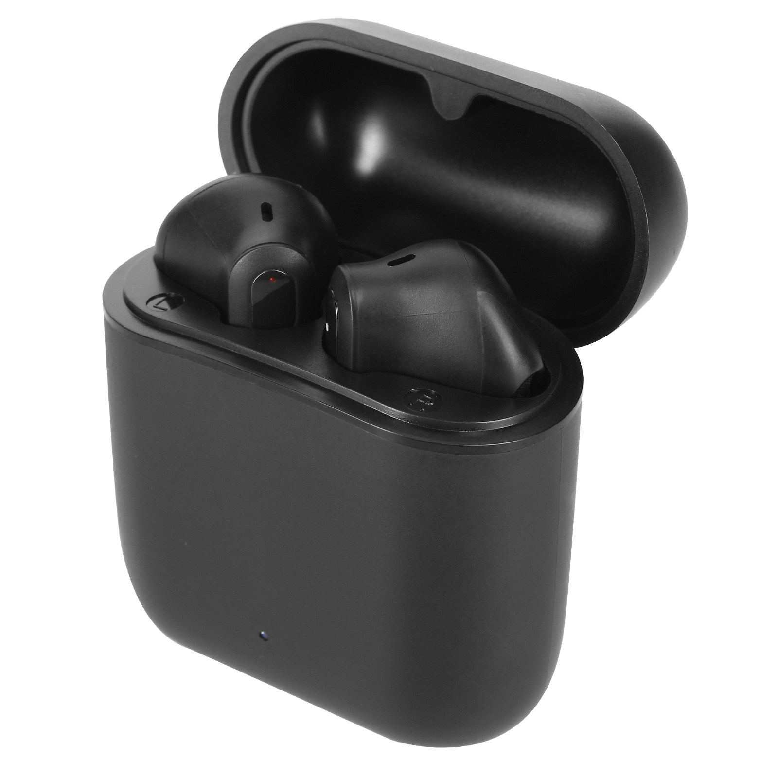 Auricolari wireless neri in custodia di ricarica aperta. Sfondo bianco.
