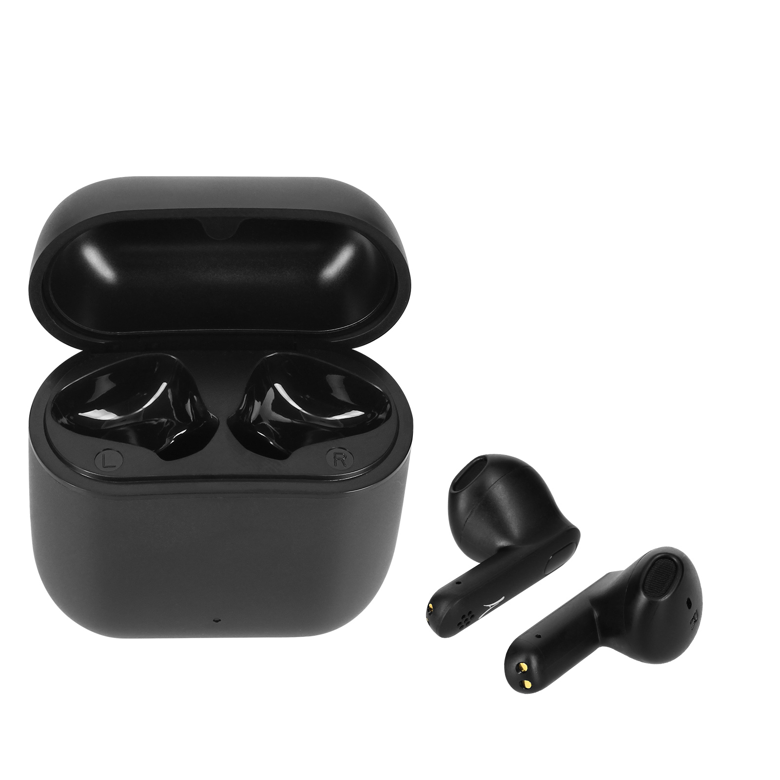 Auricolari wireless neri in una custodia di ricarica. Due auricolari sono fuori dalla custodia.