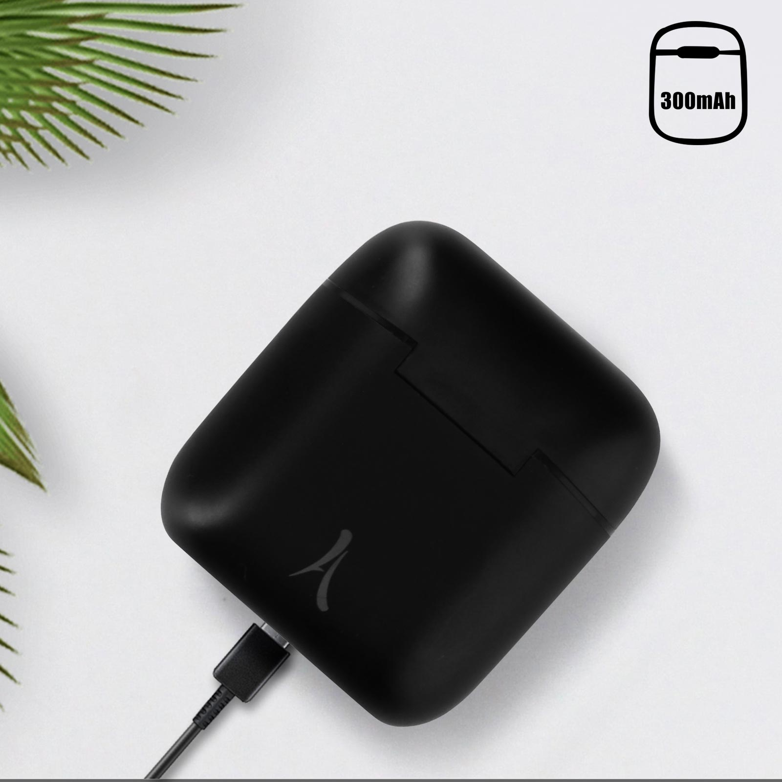 Custodia per auricolari nera con un cavo di ricarica. Lo sfondo è bianco e una foglia verde.