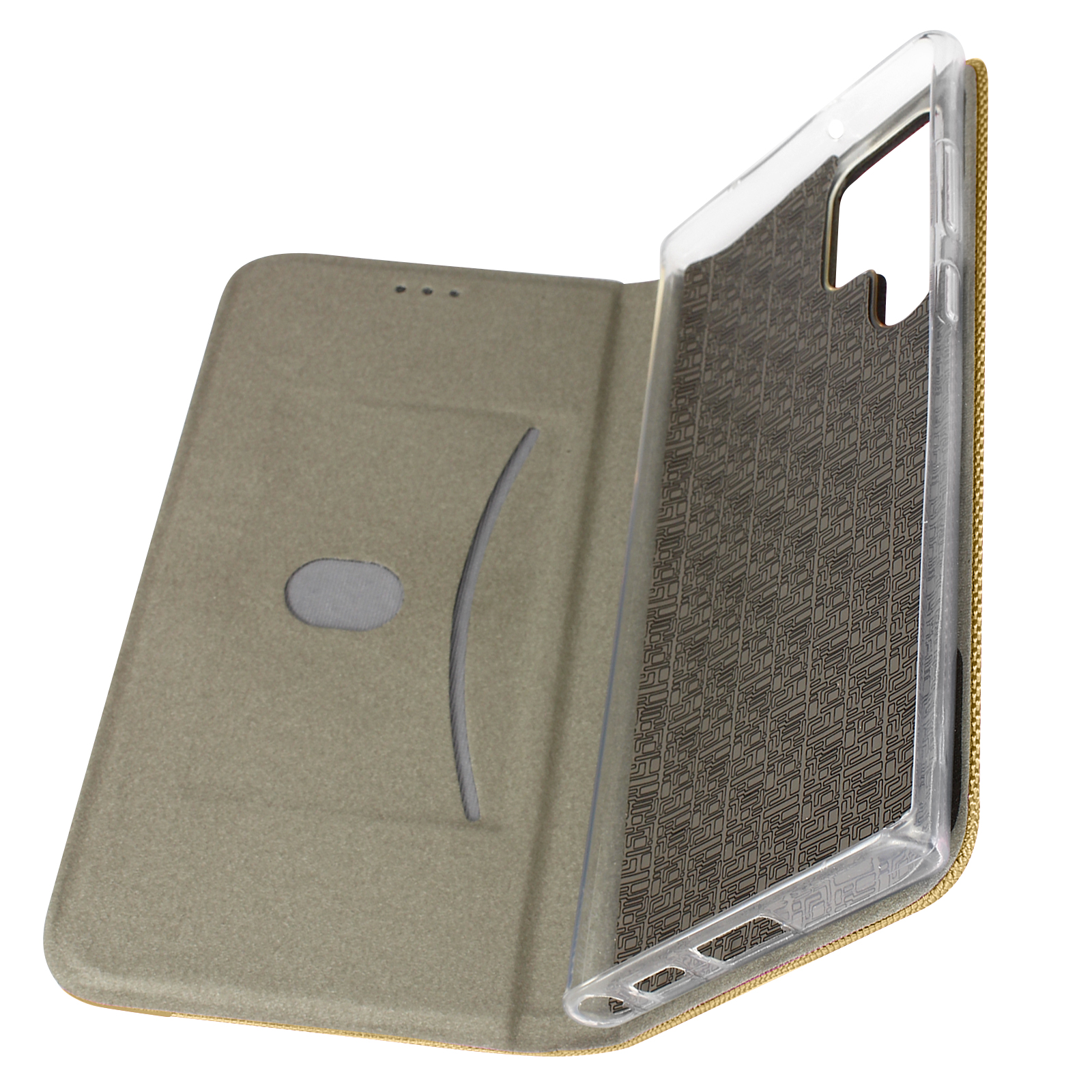 Una funda de teléfono abierta con un soporte transparente. La funda es beige por fuera y tiene un interior estampado.