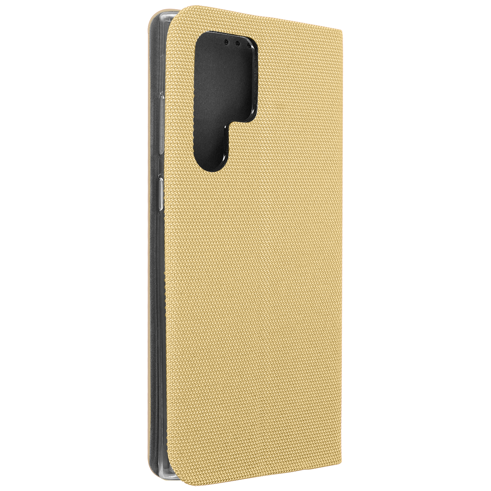 Funda dorada plegada, mostrando el recorte de la cámara. El teléfono no es visible.