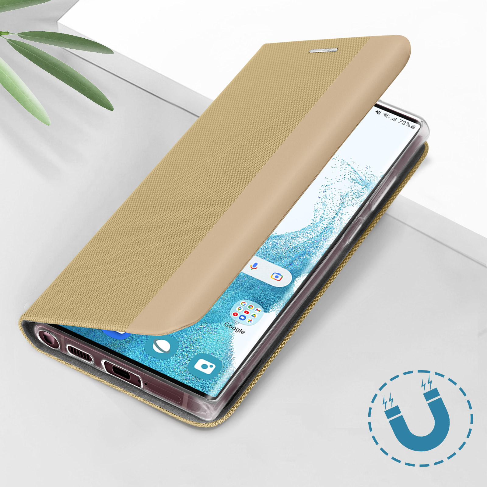 Un teléfono en una funda color canela con la tapa abierta, mostrando la pantalla con iconos.