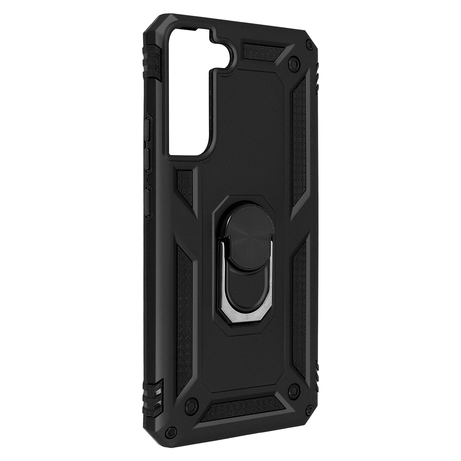 Een zwarte telefoonhoes met een ring erop. De achterkant van het hoesje is zichtbaar.