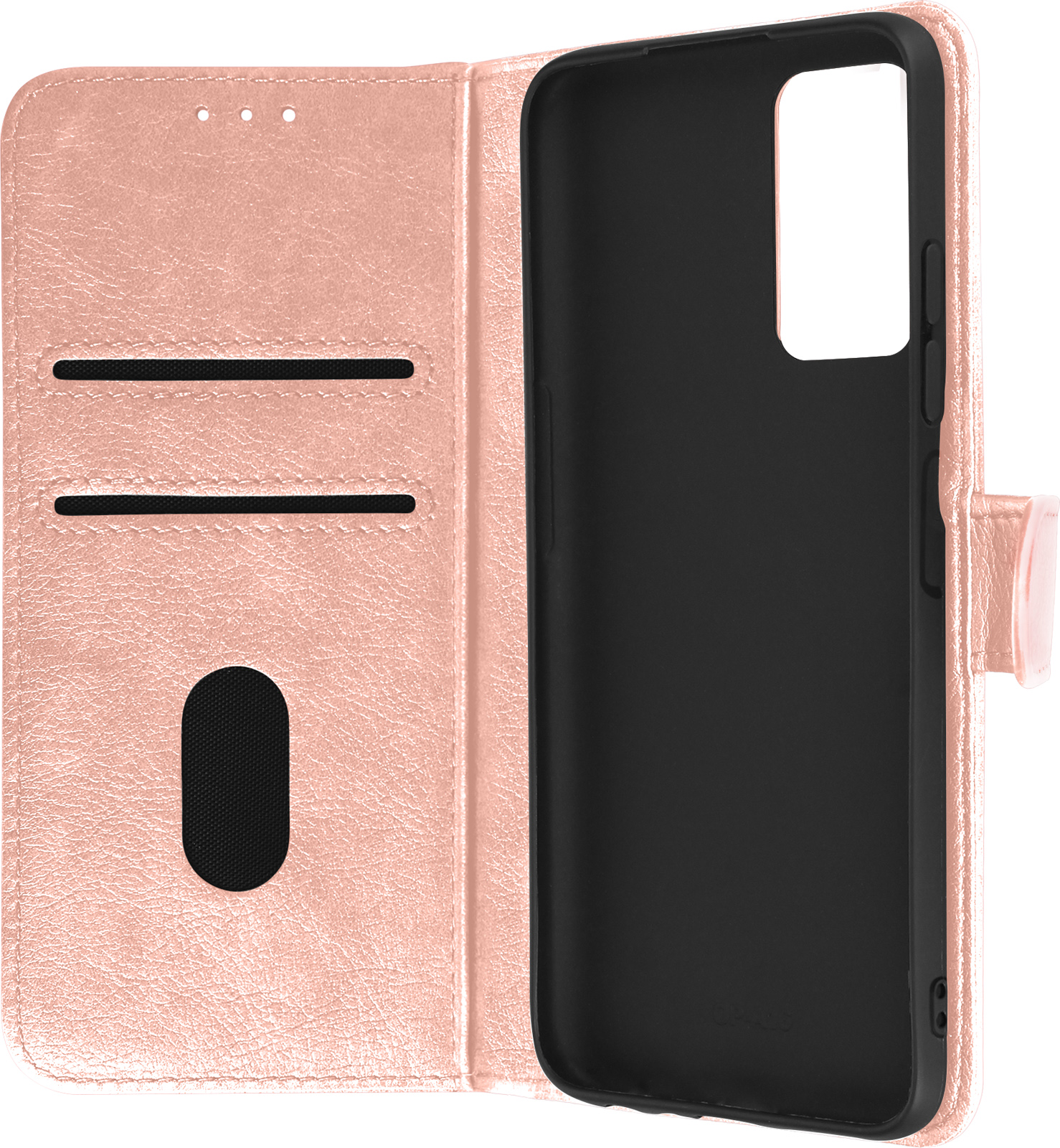 Custodia rosa per telefono aperta, che rivela un interno nero. Fessure per carte visibili. Chiusura magnetica.
