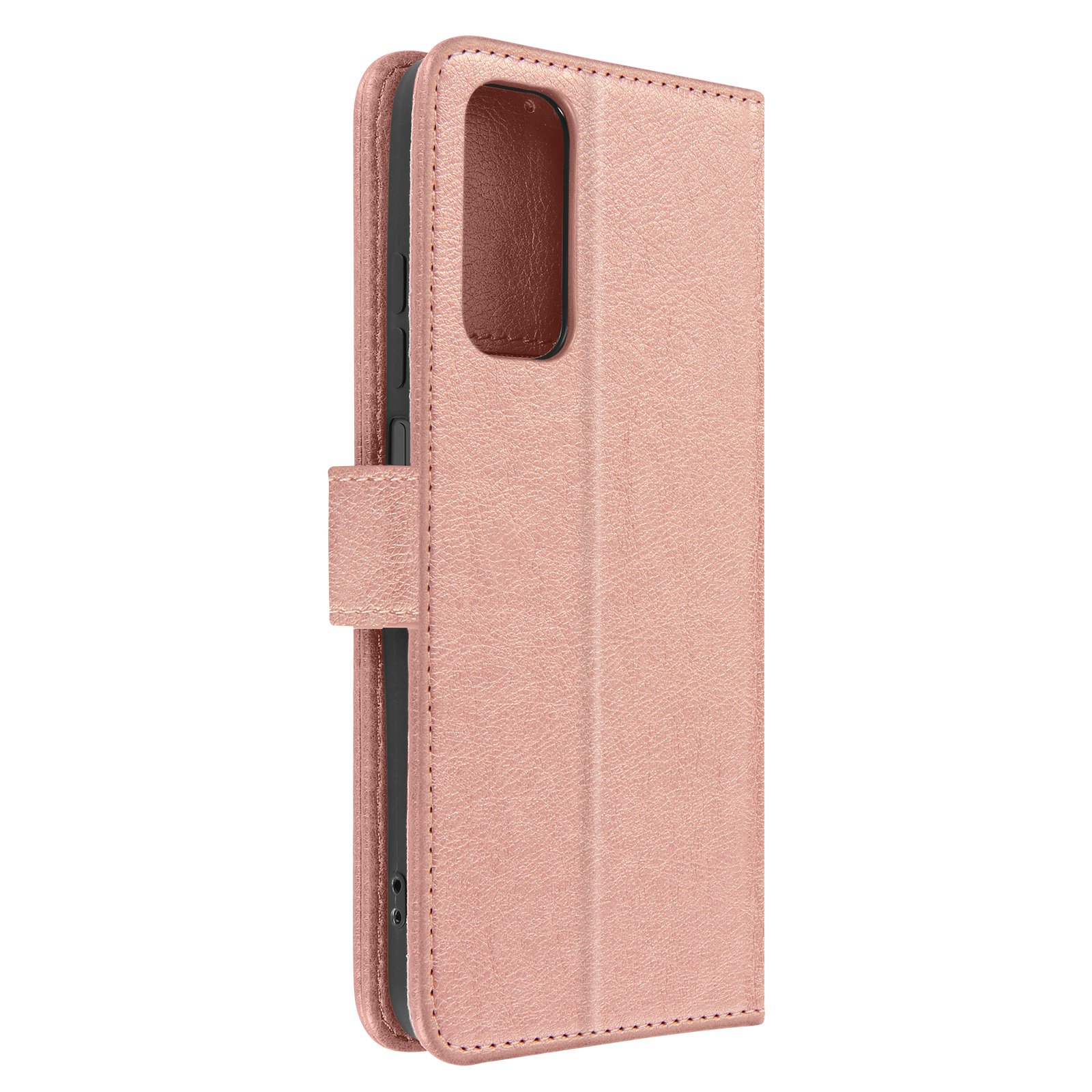Custodia per telefono color oro rosa, stile portafoglio, chiusa, in piedi.