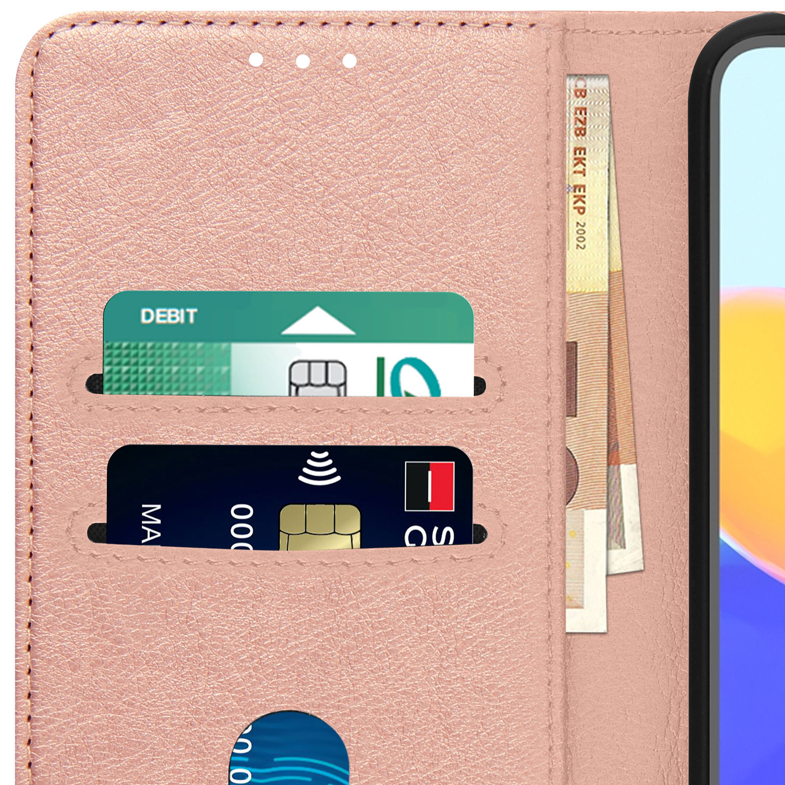 Custodia per telefono con carte e contanti. La custodia è rosa, che mostra una carta di debito, una carta di credito e contanti.