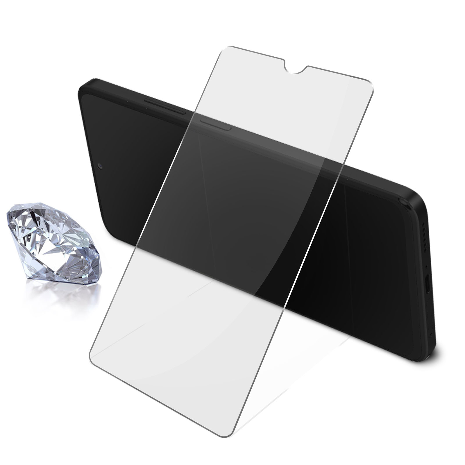 Een telefoon met een schermbeschermer en een diamant op een witte achtergrond.