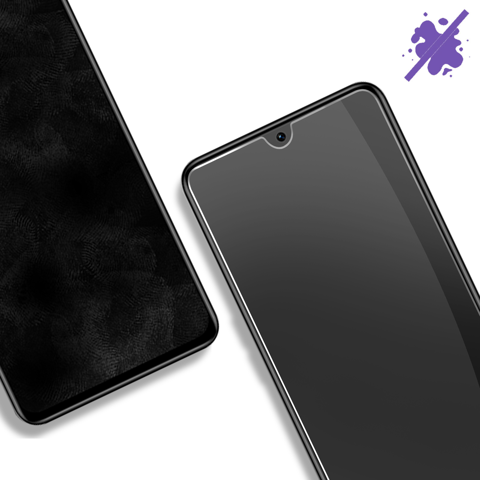 Twee zwarte telefoons en een paarse spetter met een X-teken. Zwarte achtergrond.