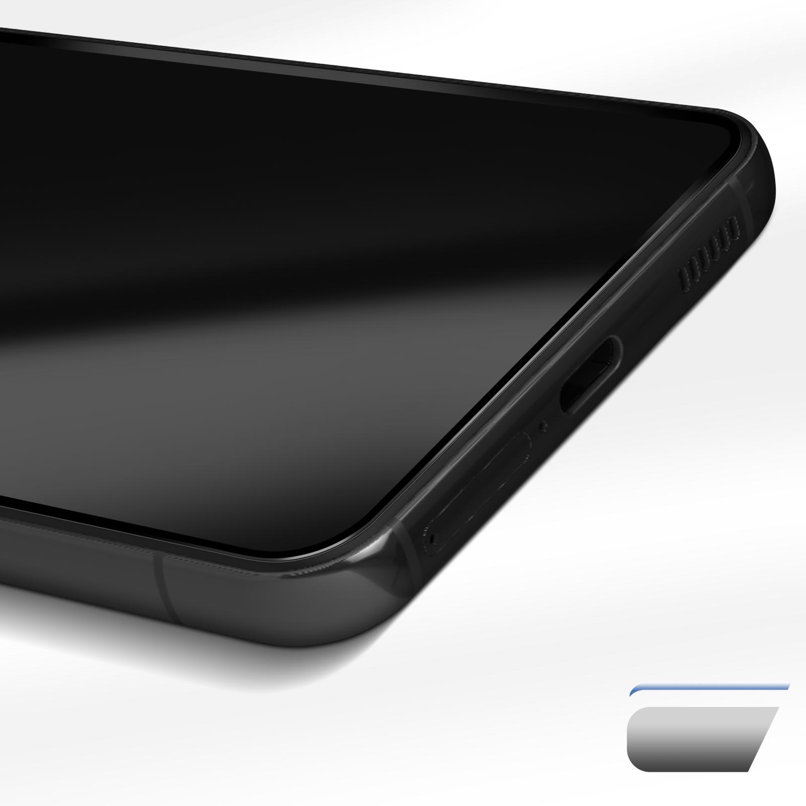 Primo piano di uno smartphone nero con custodia nera.
