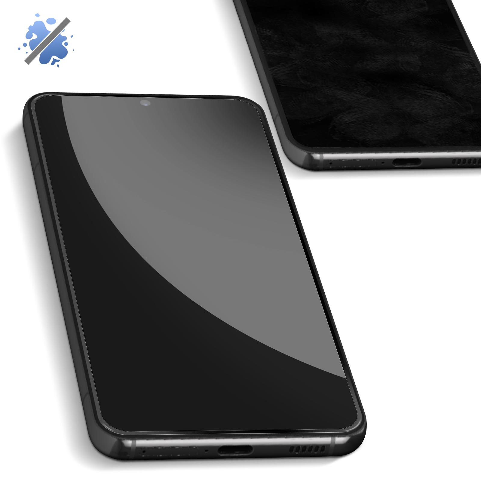 Due smartphone, uno con custodia protettiva, con schermo nero lucido.