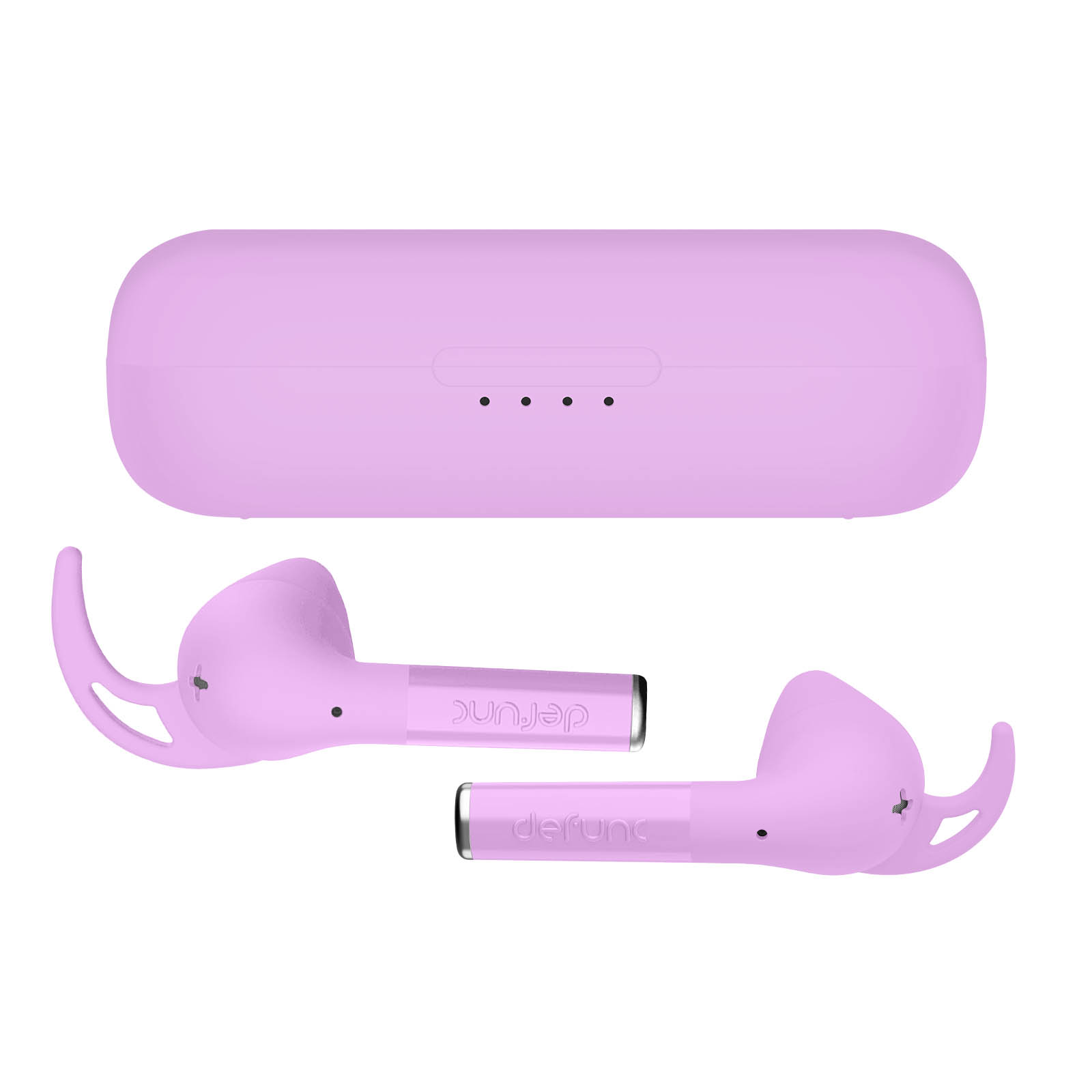 Auricolari rosa e custodia di ricarica su una superficie bianca. Gli auricolari hanno ganci per le orecchie.