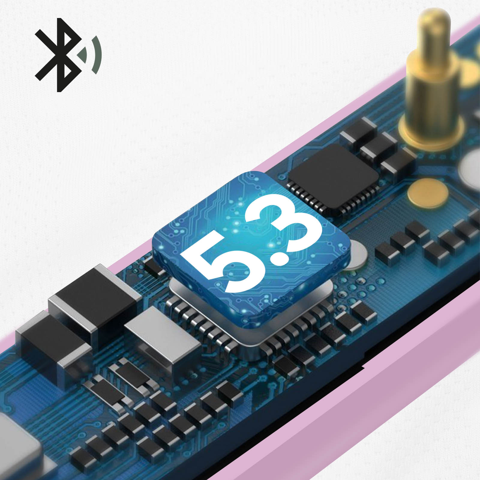 Primo piano di un circuito rosa con componenti elettronici ed etichetta 5.3.