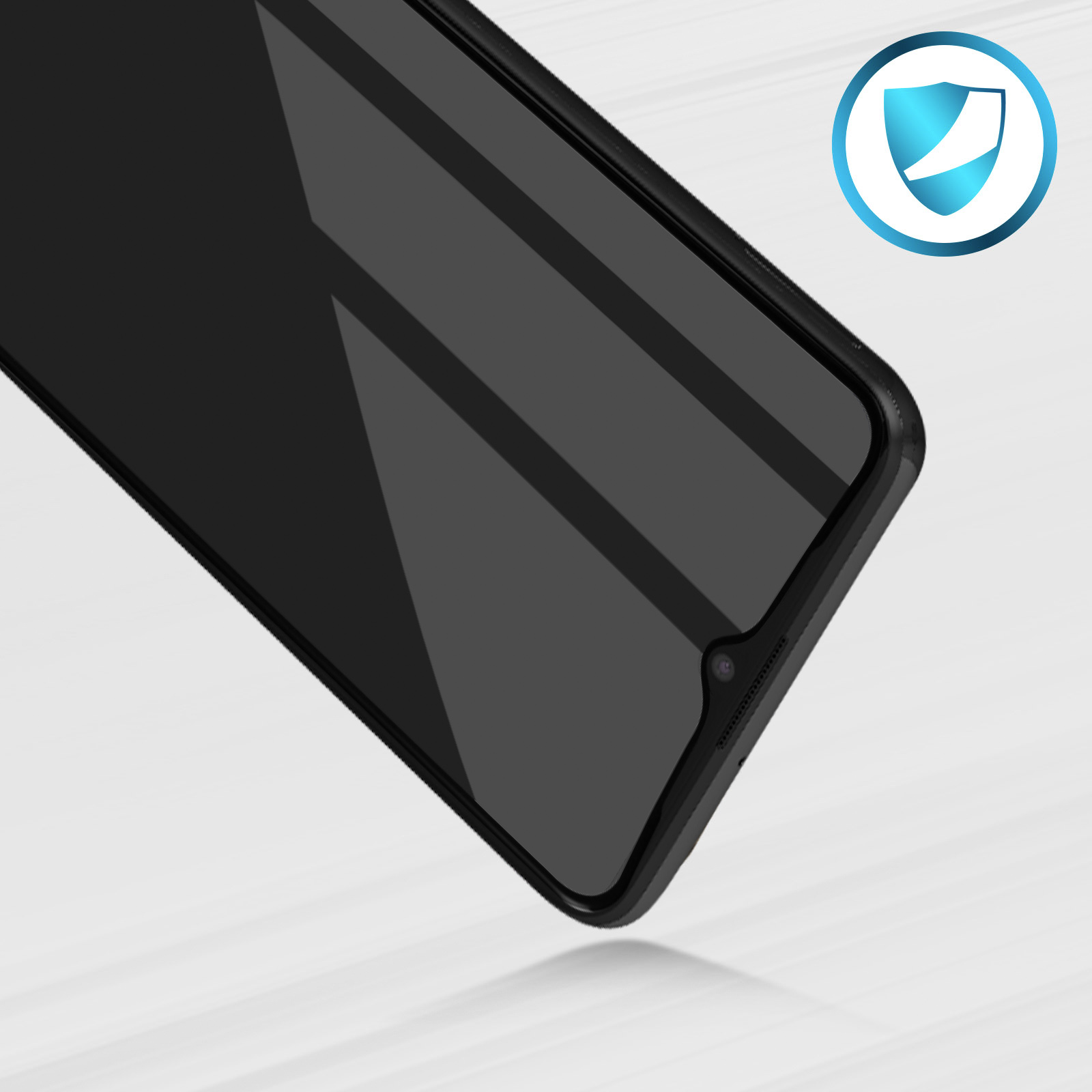 Primo piano di uno schermo di smartphone con custodia protettiva, su una superficie chiara.