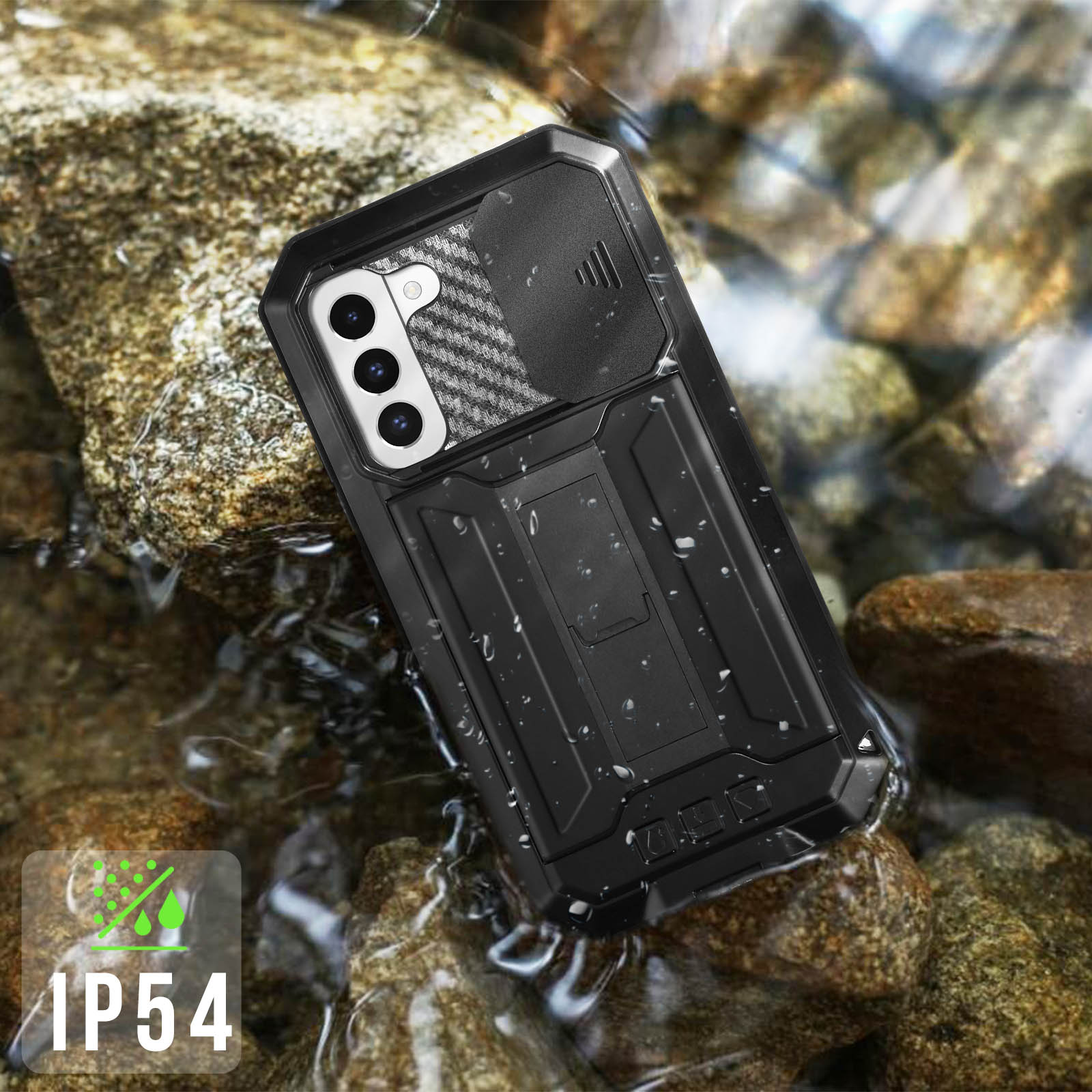 Custodia nera per telefono nell'acqua. Etichetta IP54.