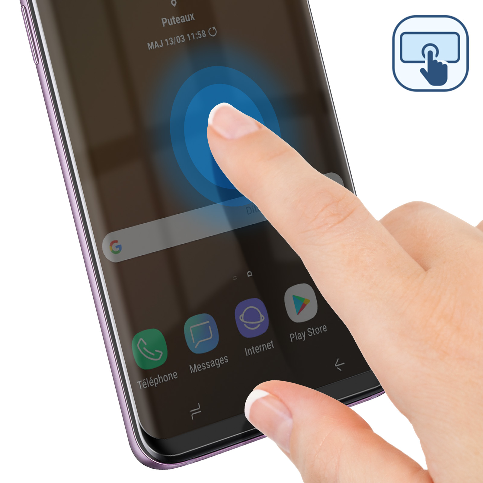 Dito tocca schermo telefono con icone app. Telefono viola, schermo curvo.