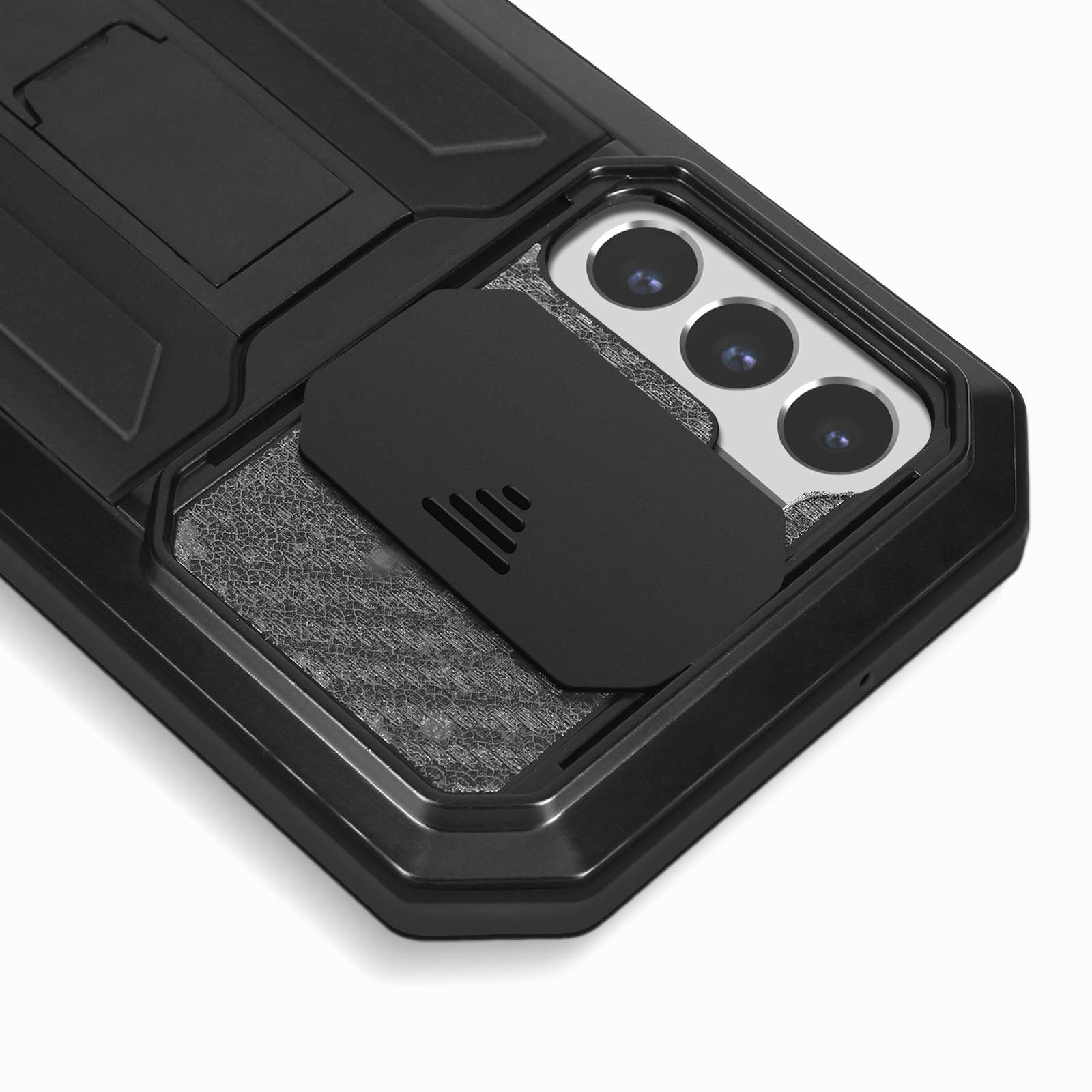 Custodia nera per telefono con copertura scorrevole della fotocamera e cavalletto aperto. Primo piano.