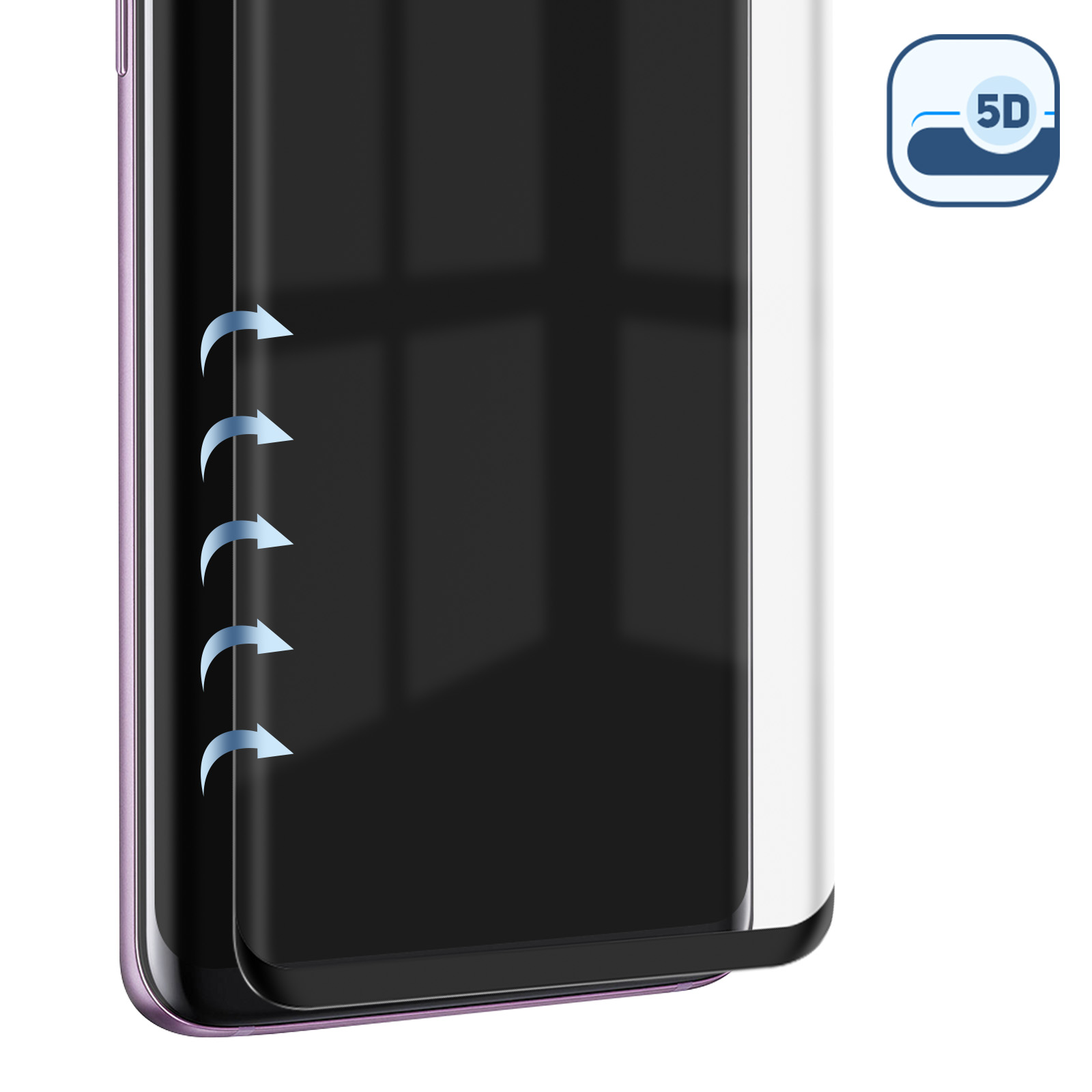 Una protezione per schermo applicata a un telefono. Le frecce puntano verso il telefono. Telefono rosa, sfondo bianco.