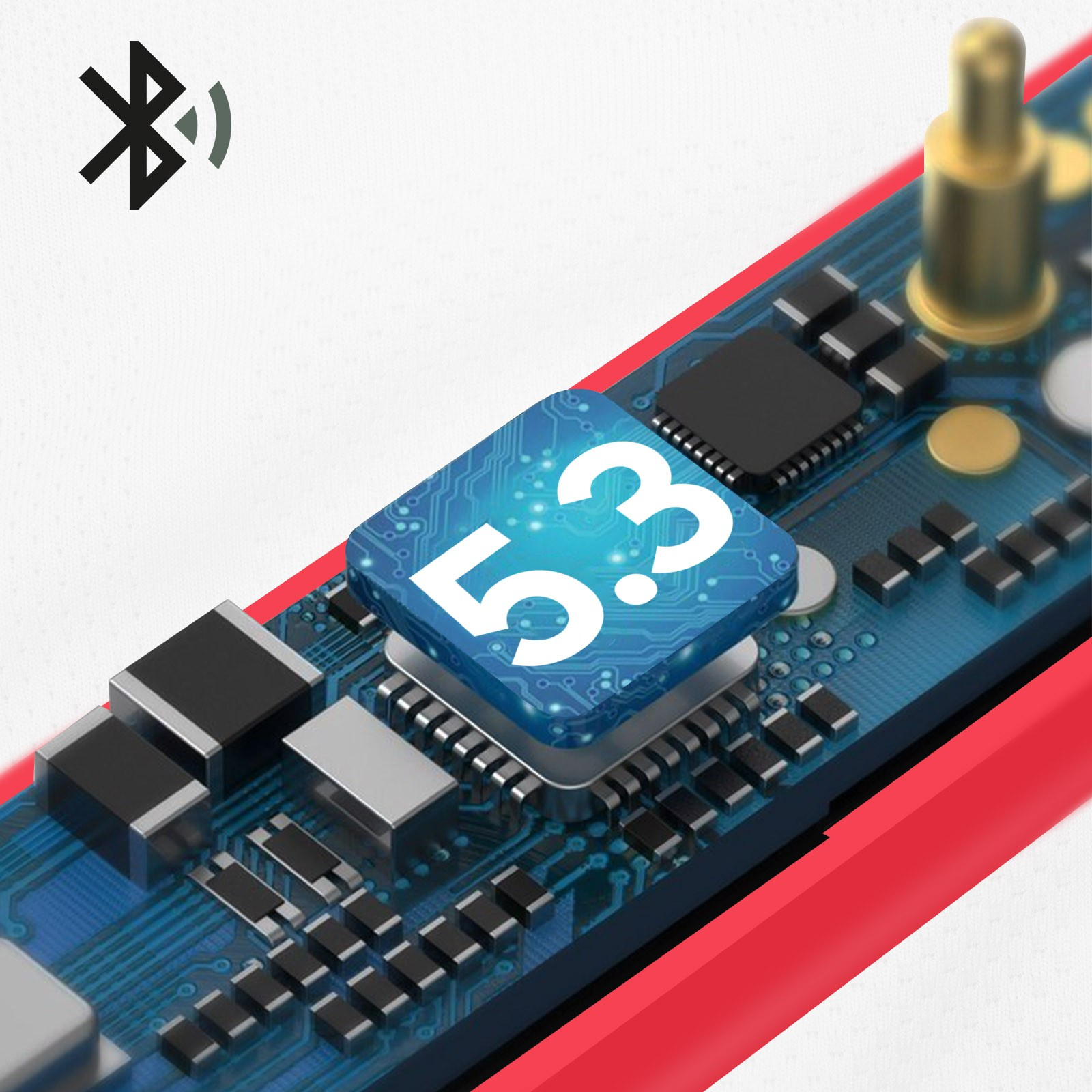 Nahaufnahme von elektronischen Bauteilen. Ein Chip mit der Nummer 5.3 ist sichtbar.