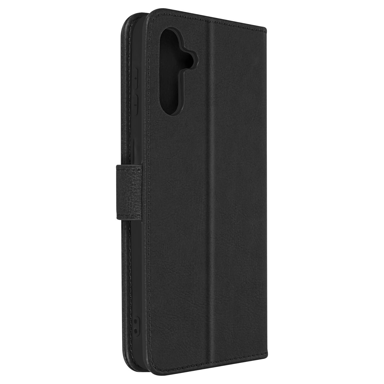 Zwarte leren telefoonhoes, gesloten, met een magnetische sluiting.