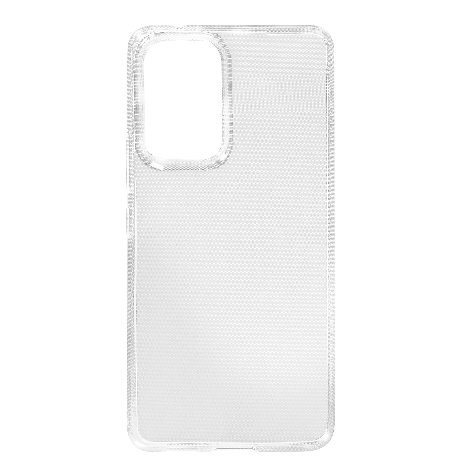 Coque de téléphone transparente sur fond blanc, montrant l'arrière et les côtés.