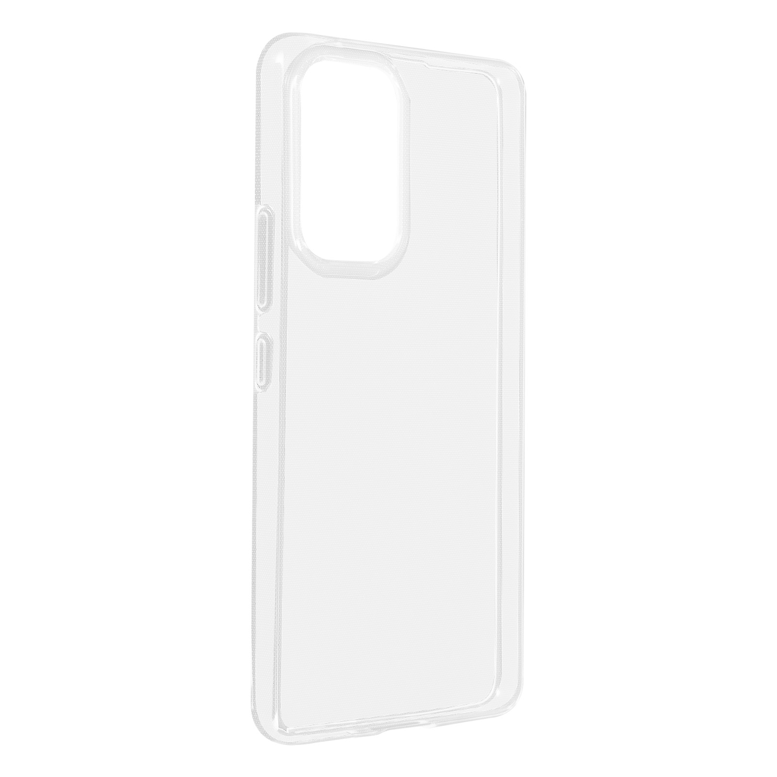 Coque de téléphone transparente avec découpe pour caméra, sur fond blanc.