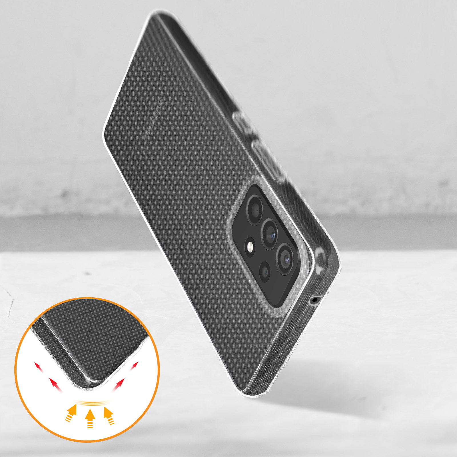 Telefoonhoesje met transparante achterkant, toont telefoon deels binnenin, met impactbeschermingsdetails.