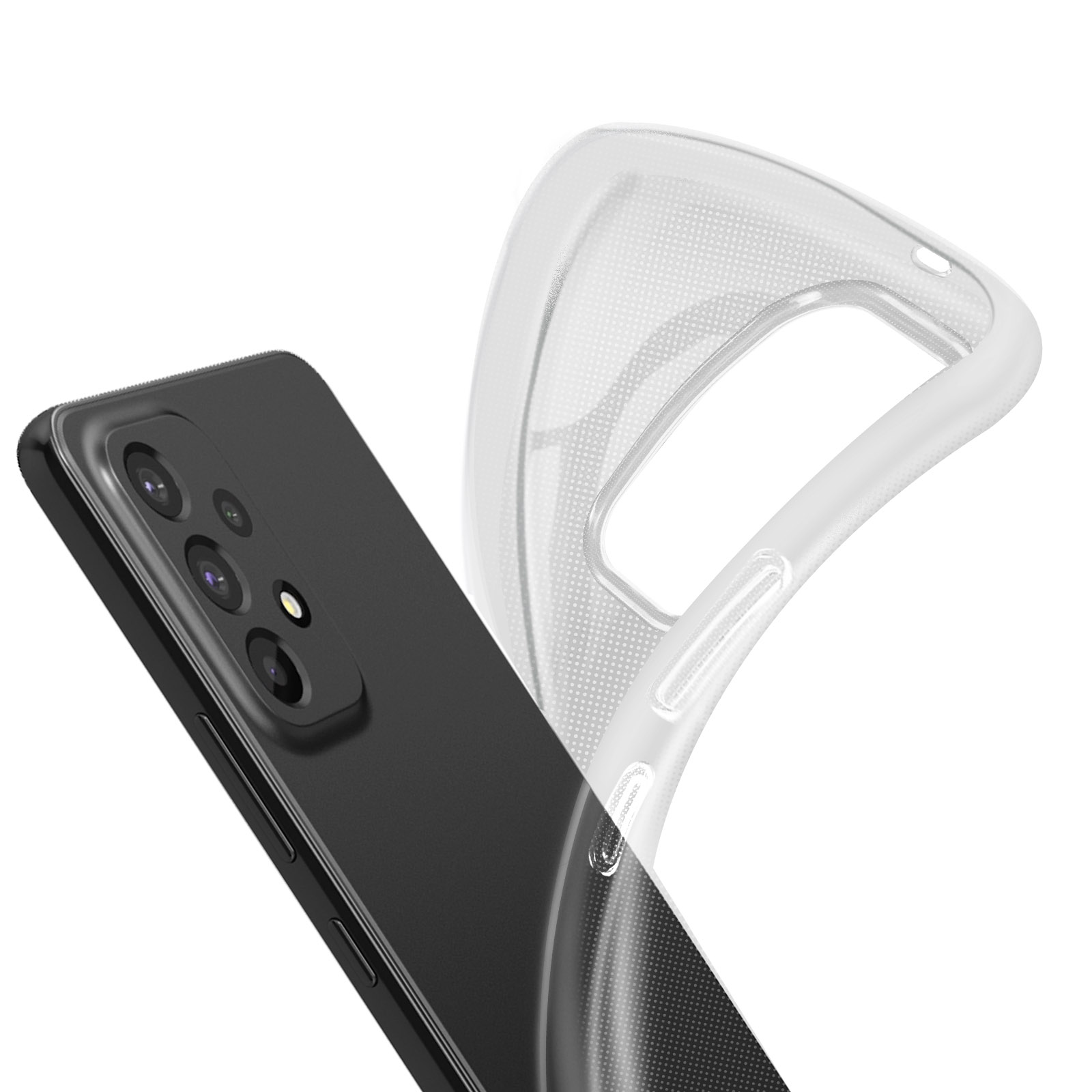 Een zwarte telefoon met meerdere camera's met een doorzichtige hoes. De hoes zit iets los van de telefoon.