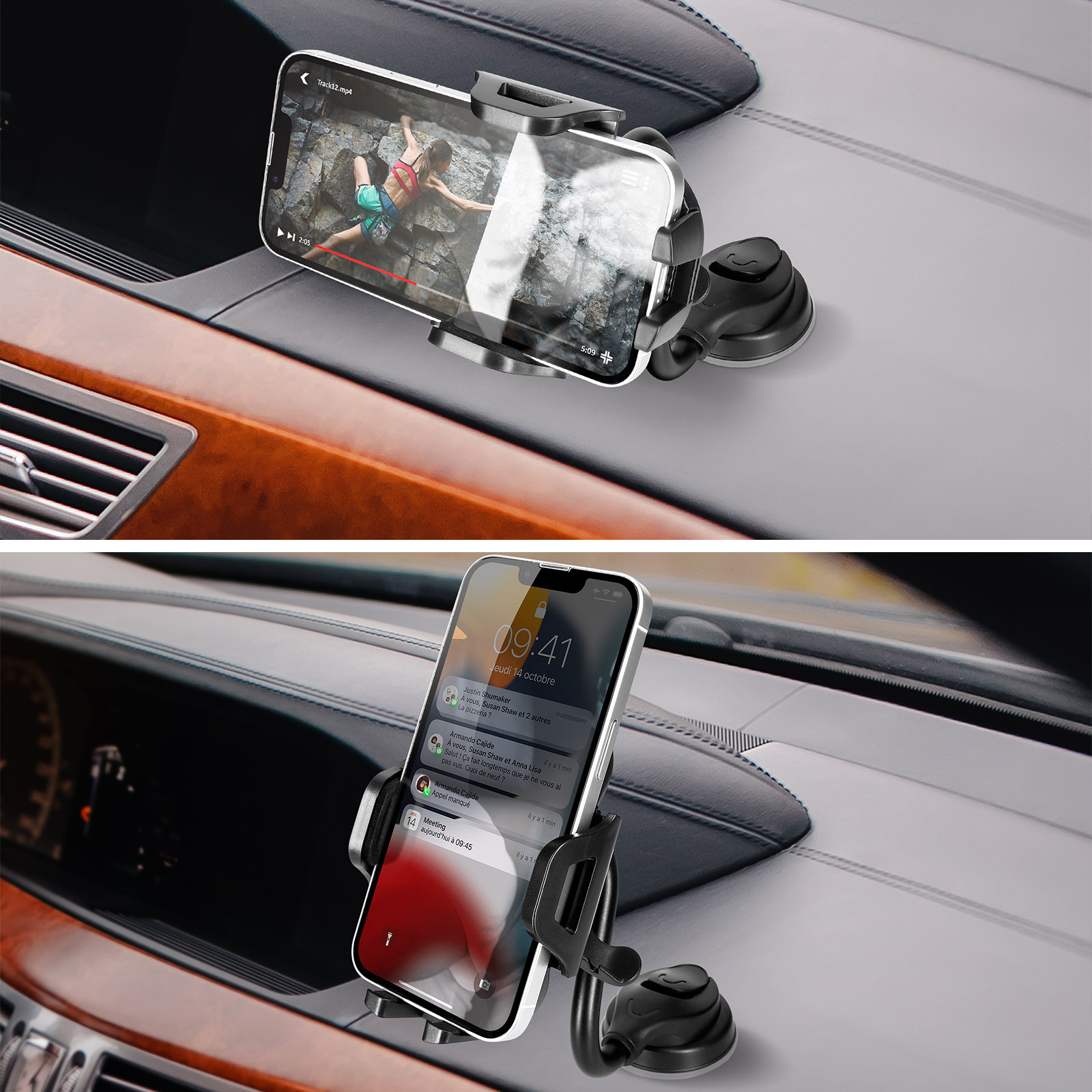 Telefon im Auto montiert, zeigt Video und Benachrichtigungen.
