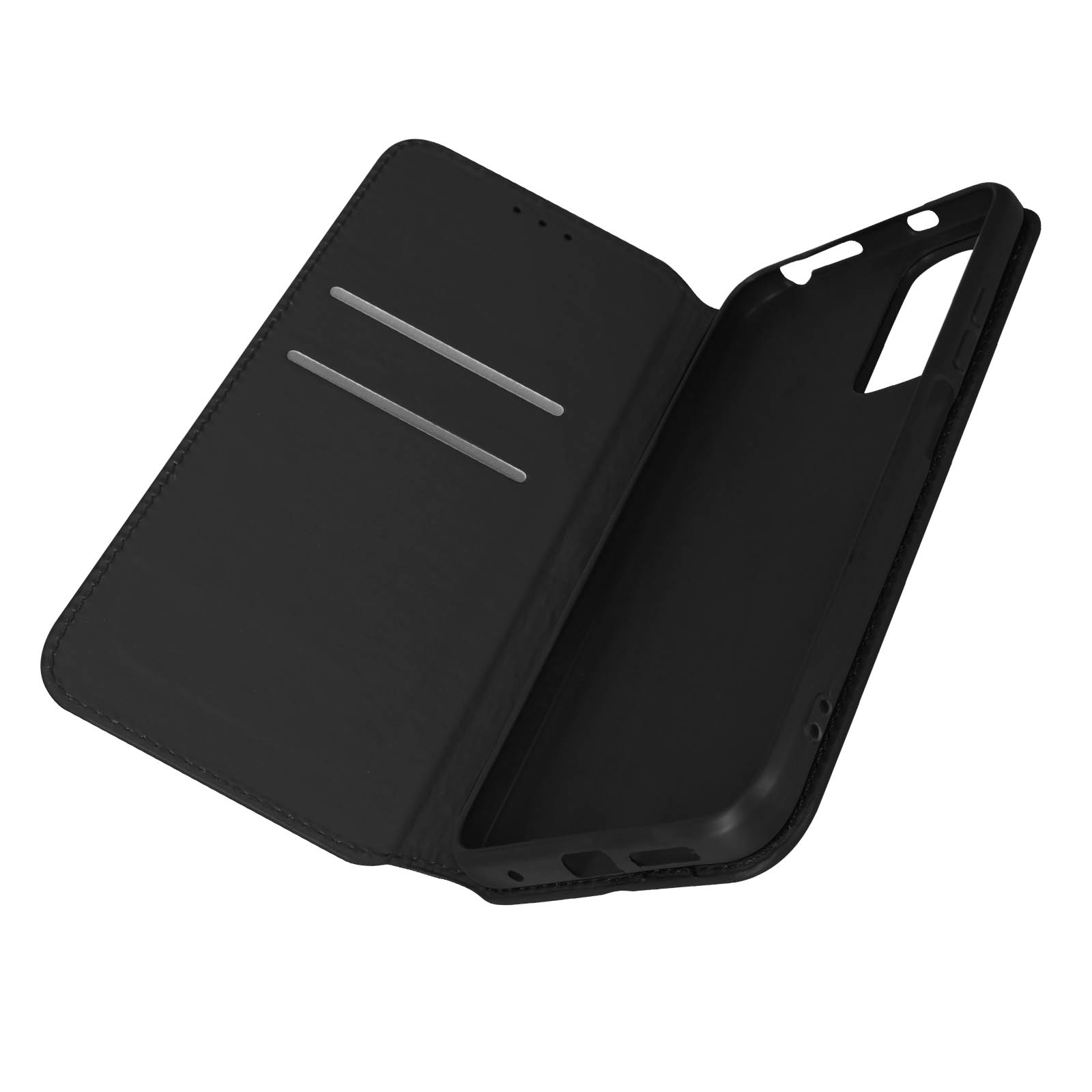 Étui de téléphone noir ouvert. Montre le support de téléphone et les fentes pour cartes. Fond blanc.