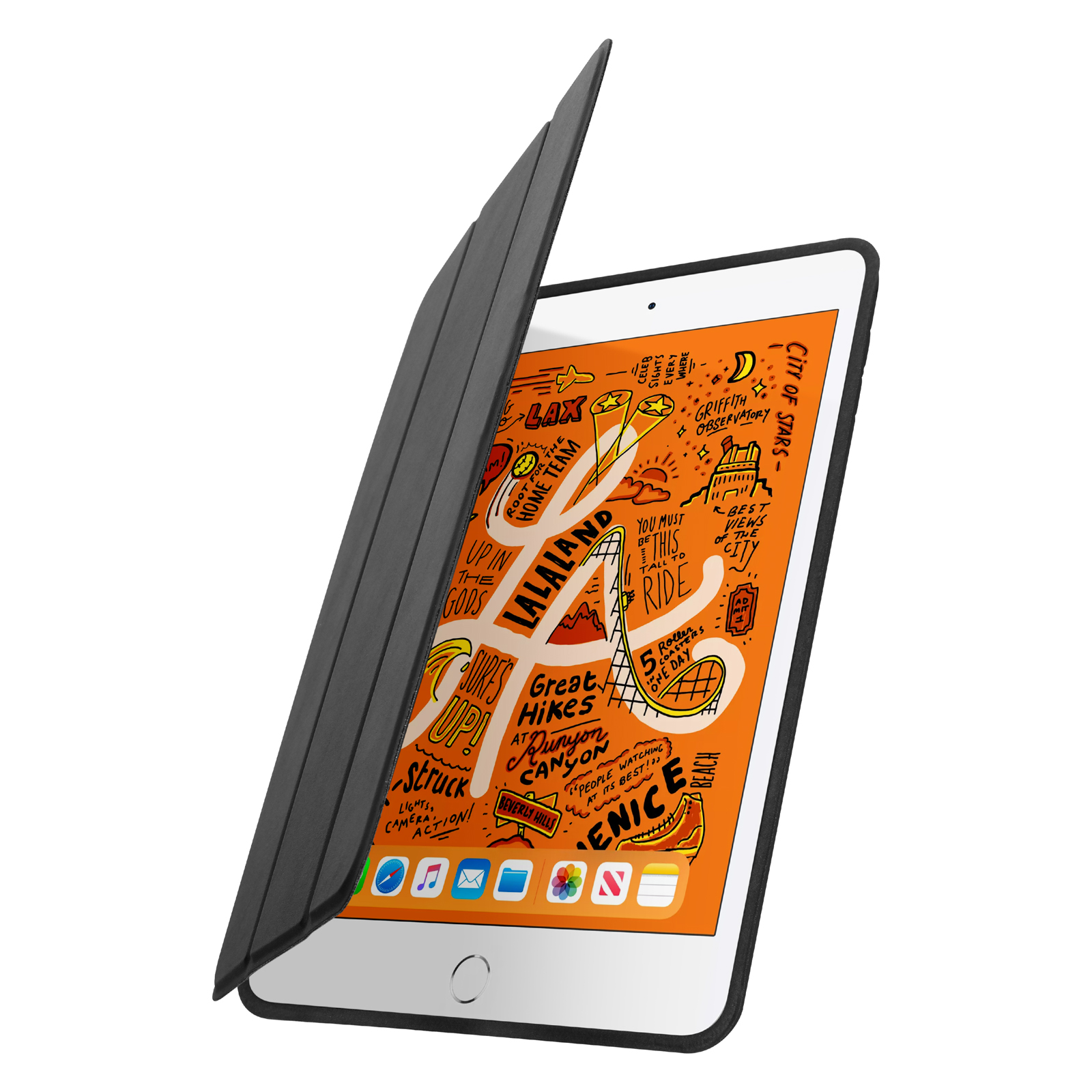 iPad mini con cover nera aperta, mostra lo schermo con grafica. Sfondo bianco.