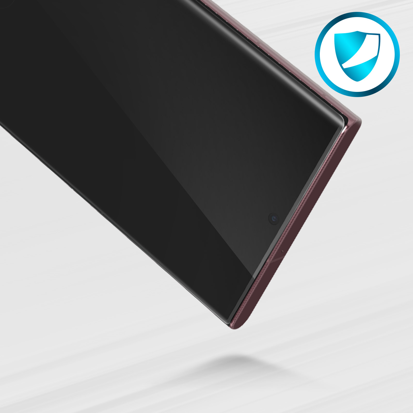 Écran de smartphone avec icône de bouclier de protection à droite, incliné sur une surface claire.