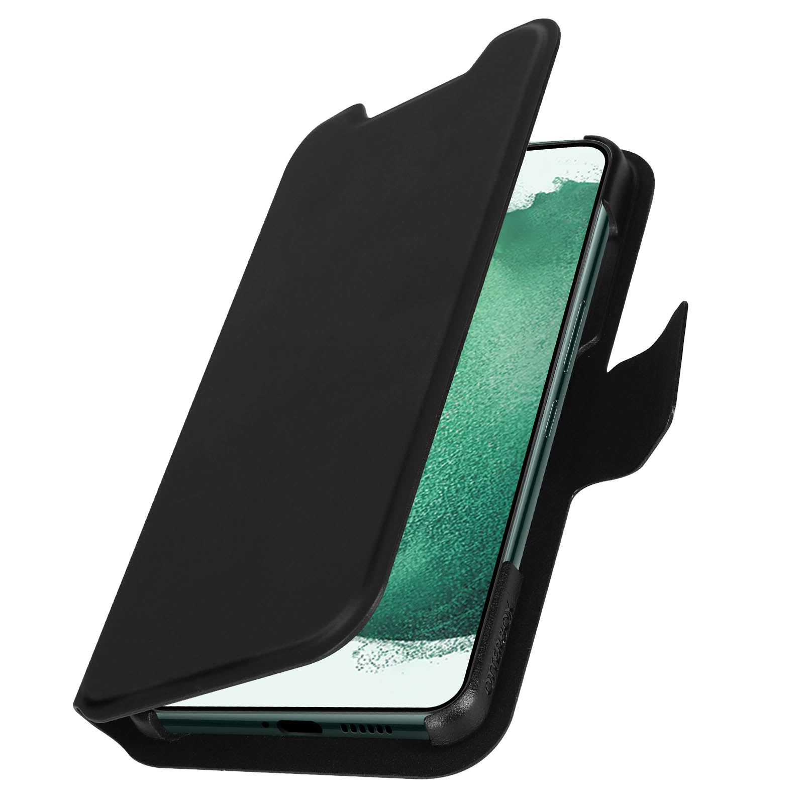 Geöffnete schwarze Handyhülle, die ein Telefon zeigt. Das Telefon ist schwarz und hat eine Kamera.