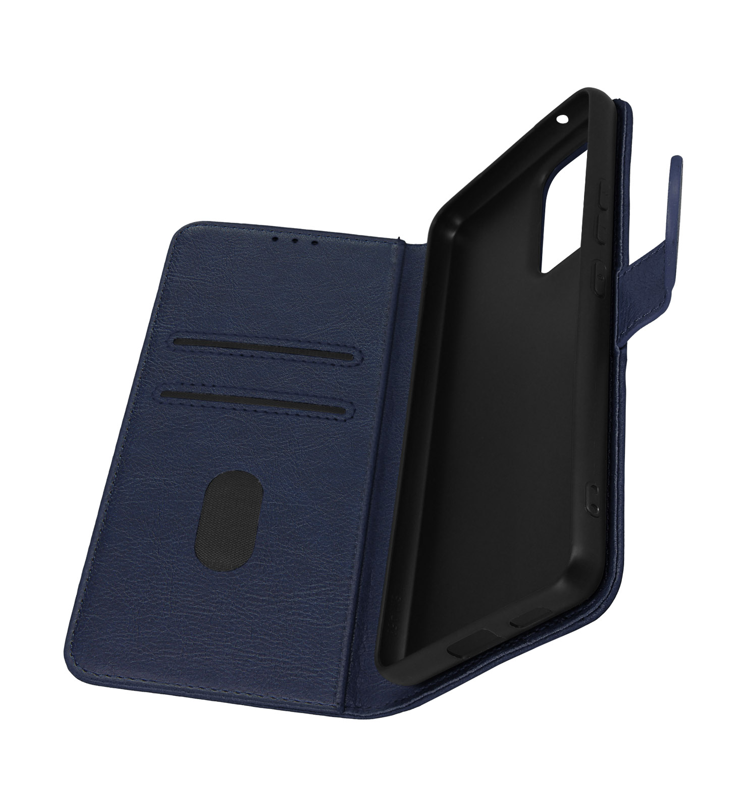 Coque de téléphone bleu foncé, ouverte. L'intérieur de la coque et une fente pour carte sont visibles.