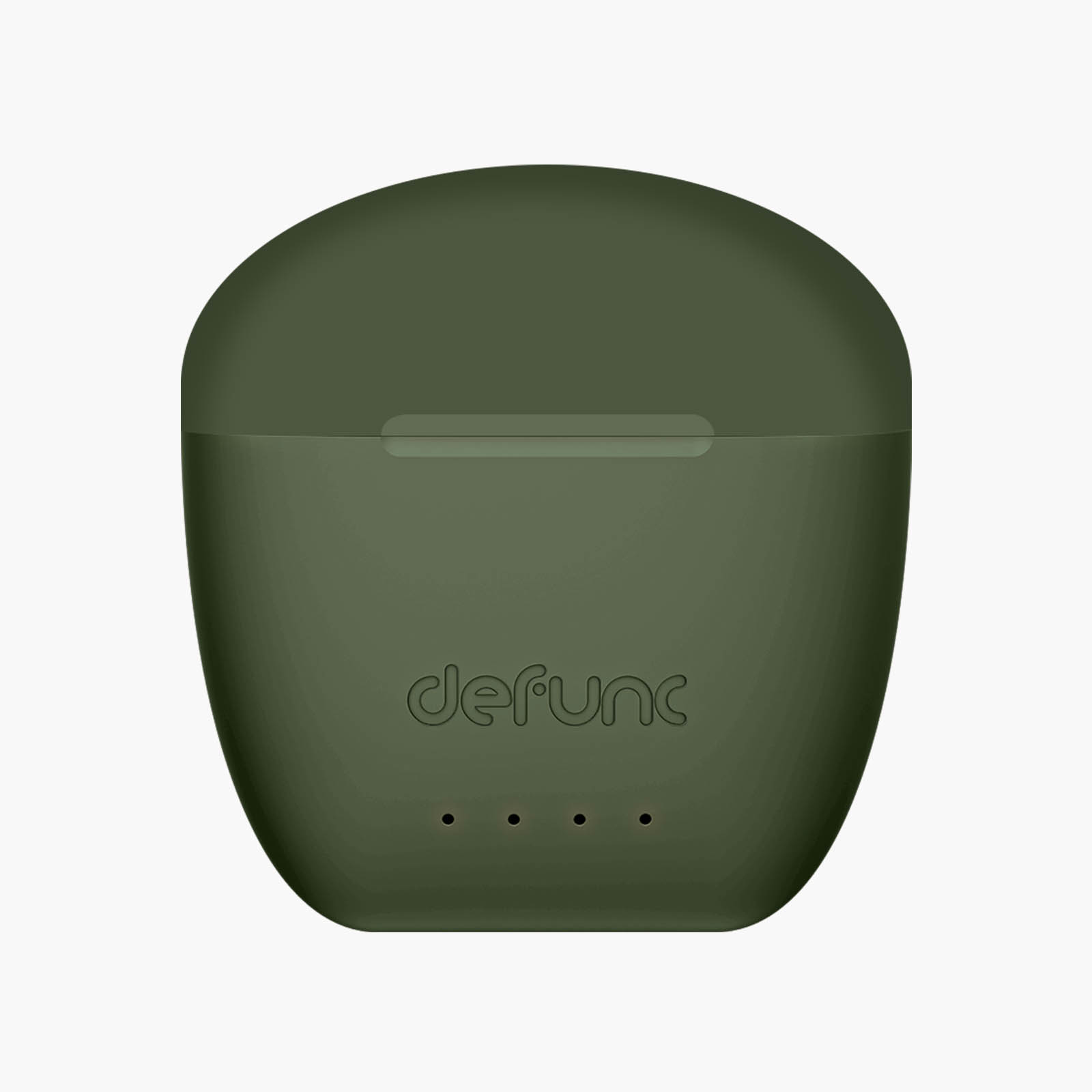 Una custodia per auricolari verde oliva. Il logo Defunc è sulla custodia.