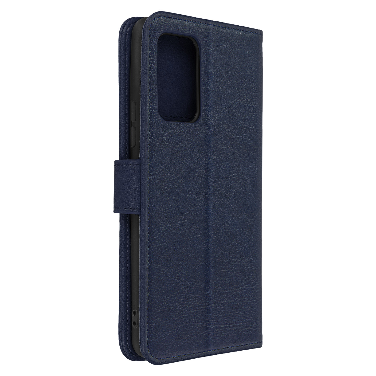 Un étui de téléphone en cuir bleu est fermé. Il a un rabat et une fermeture magnétique.