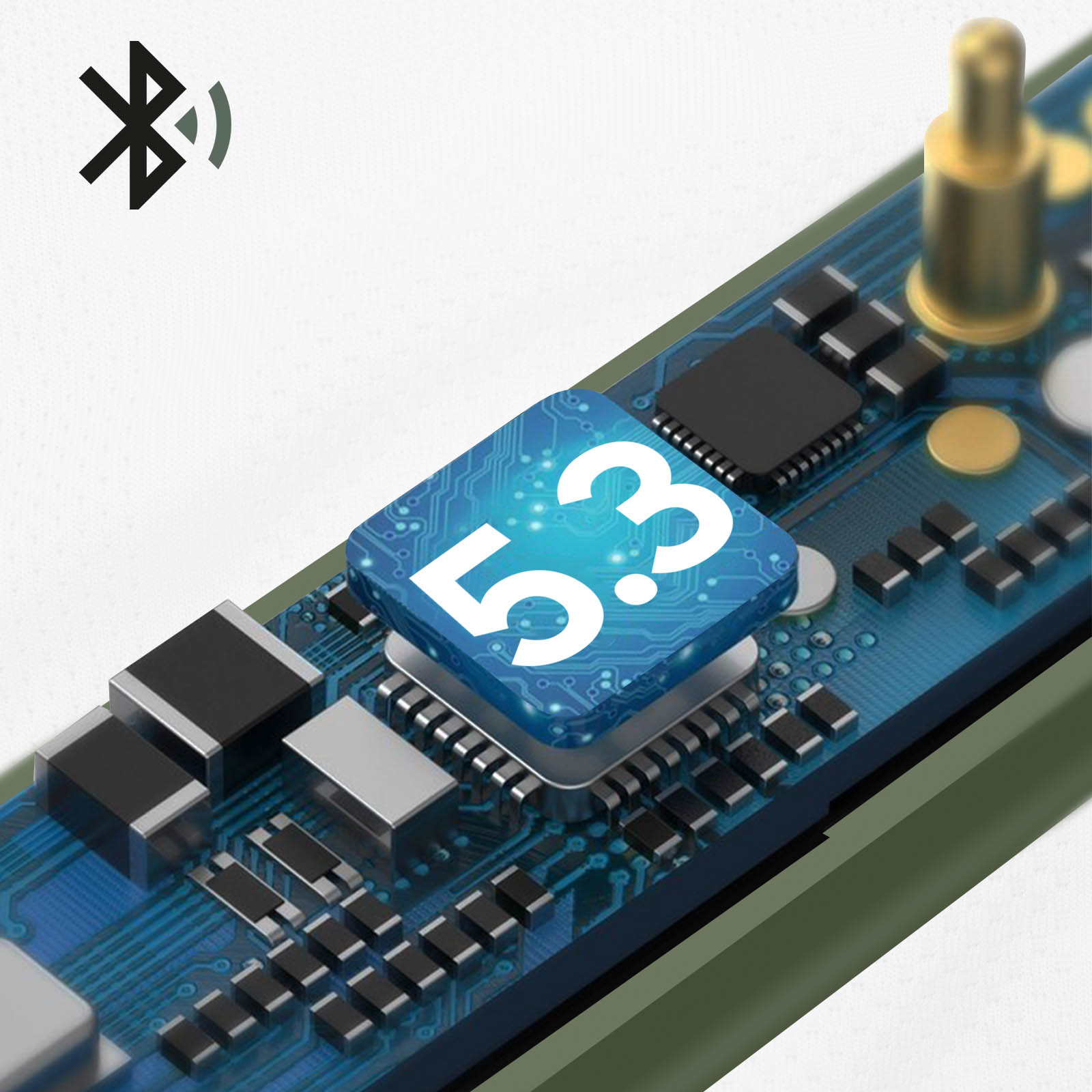 Primo piano di un circuito stampato con chip blu '5.3' e simbolo Bluetooth.