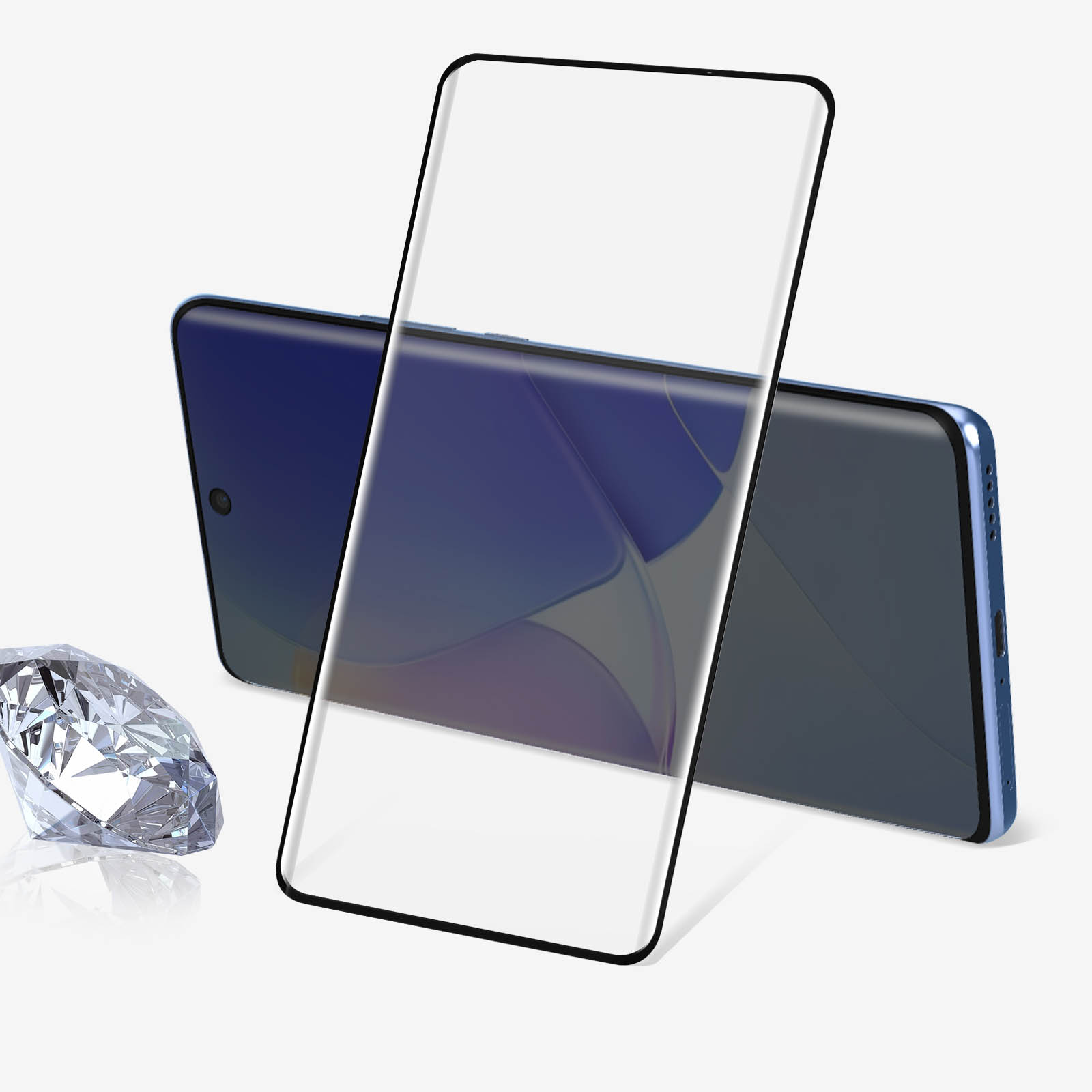 Due telefoni impilati, uno con protezione schermo. Un diamante è accanto su una superficie bianca.