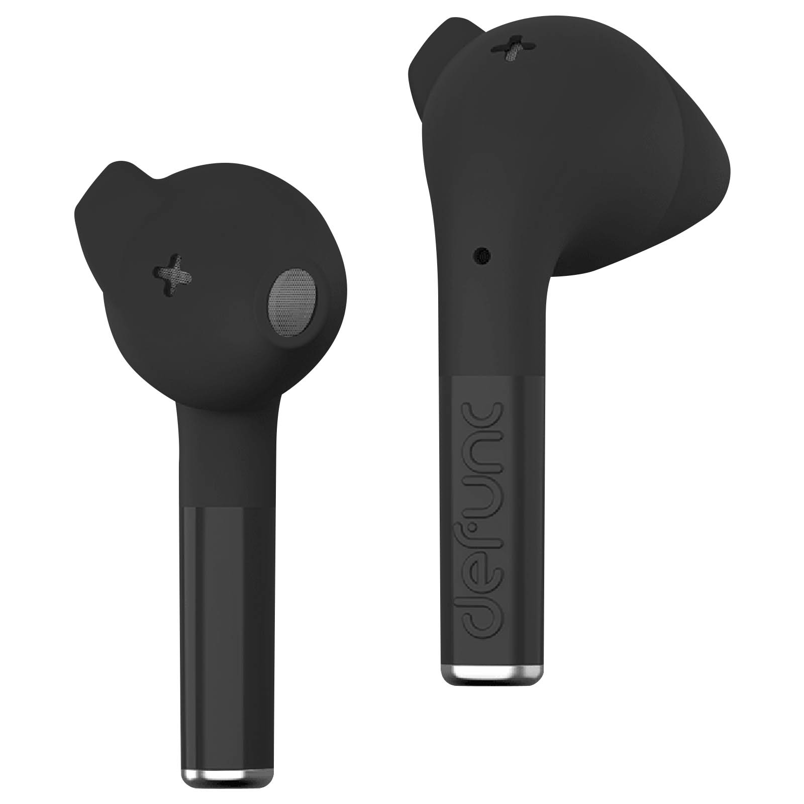 Paio di auricolari wireless neri con il logo defunc sul lato.