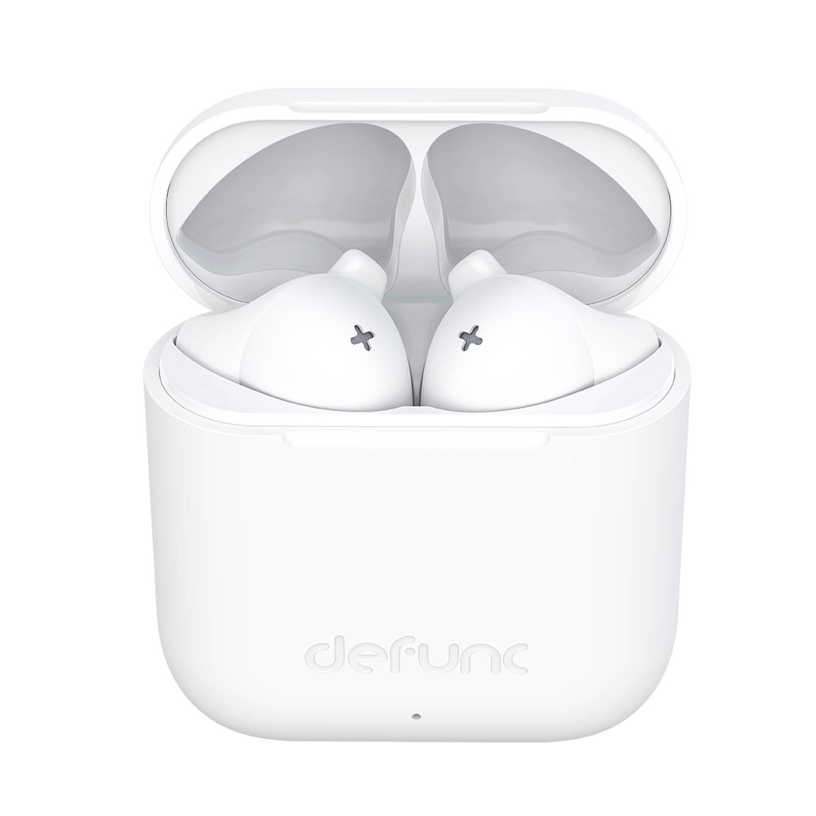 Auricolari bianchi in un case di ricarica bianco aperto, con il marchio 'defunc'.