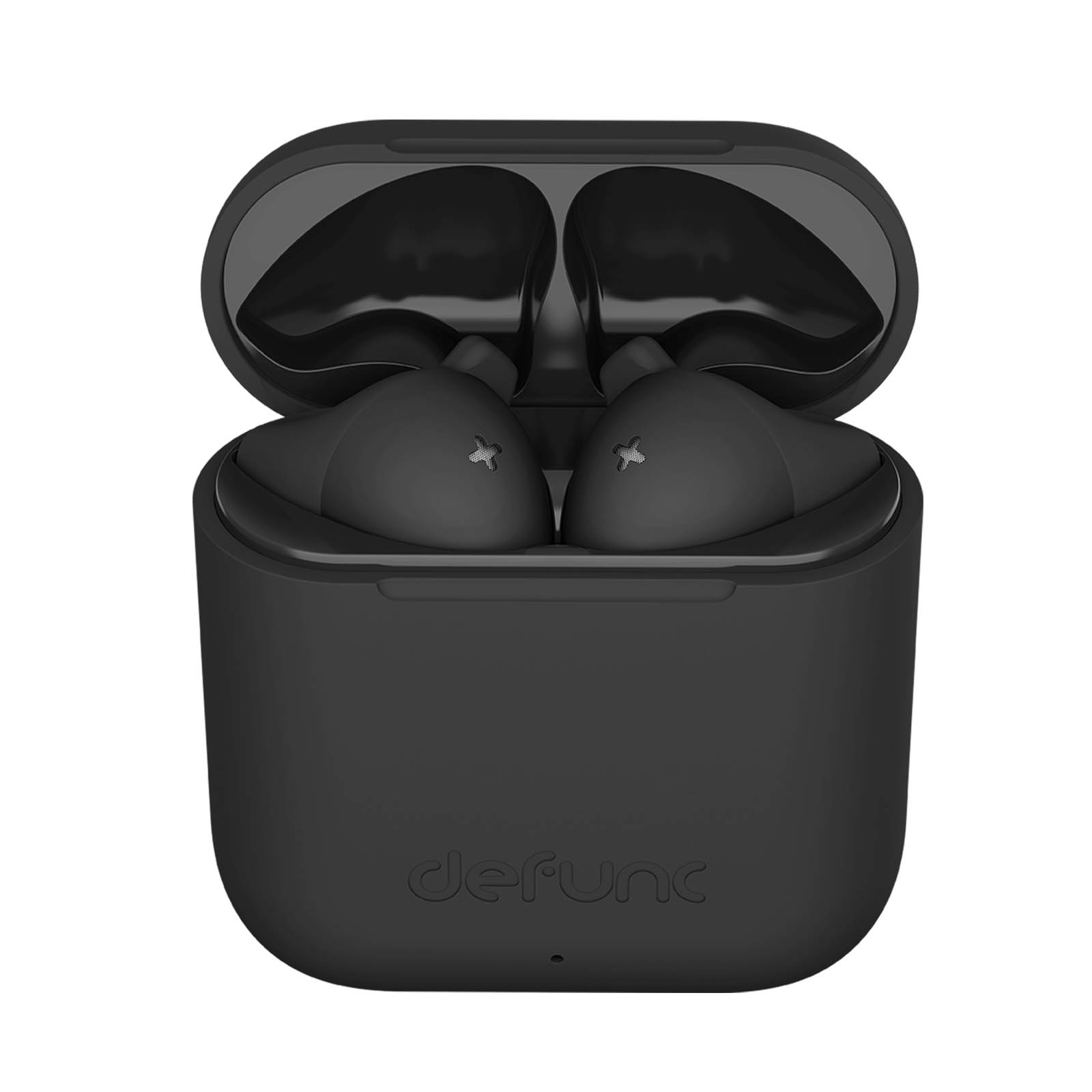 Auricolari wireless neri in custodia di ricarica. Custodia aperta, auricolari visibili. Marchio Defunc.