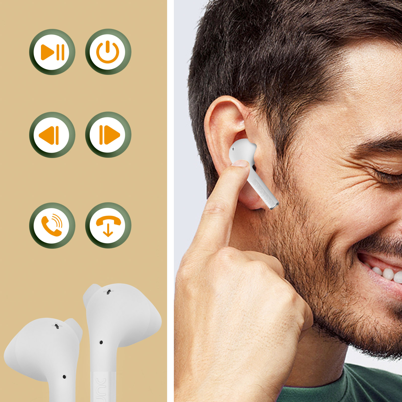 Uomo con auricolari, con icone di controllo audio. Auricolari e icone bianche su marrone.