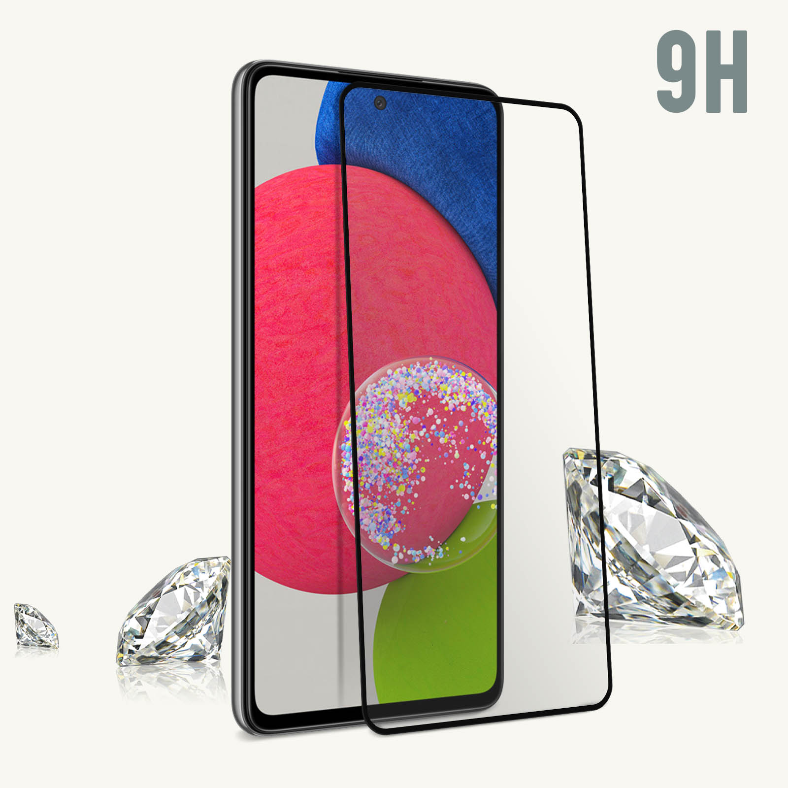 Telefono con protezione schermo e diamanti. Lo schermo mostra colori rosso, blu e verde.