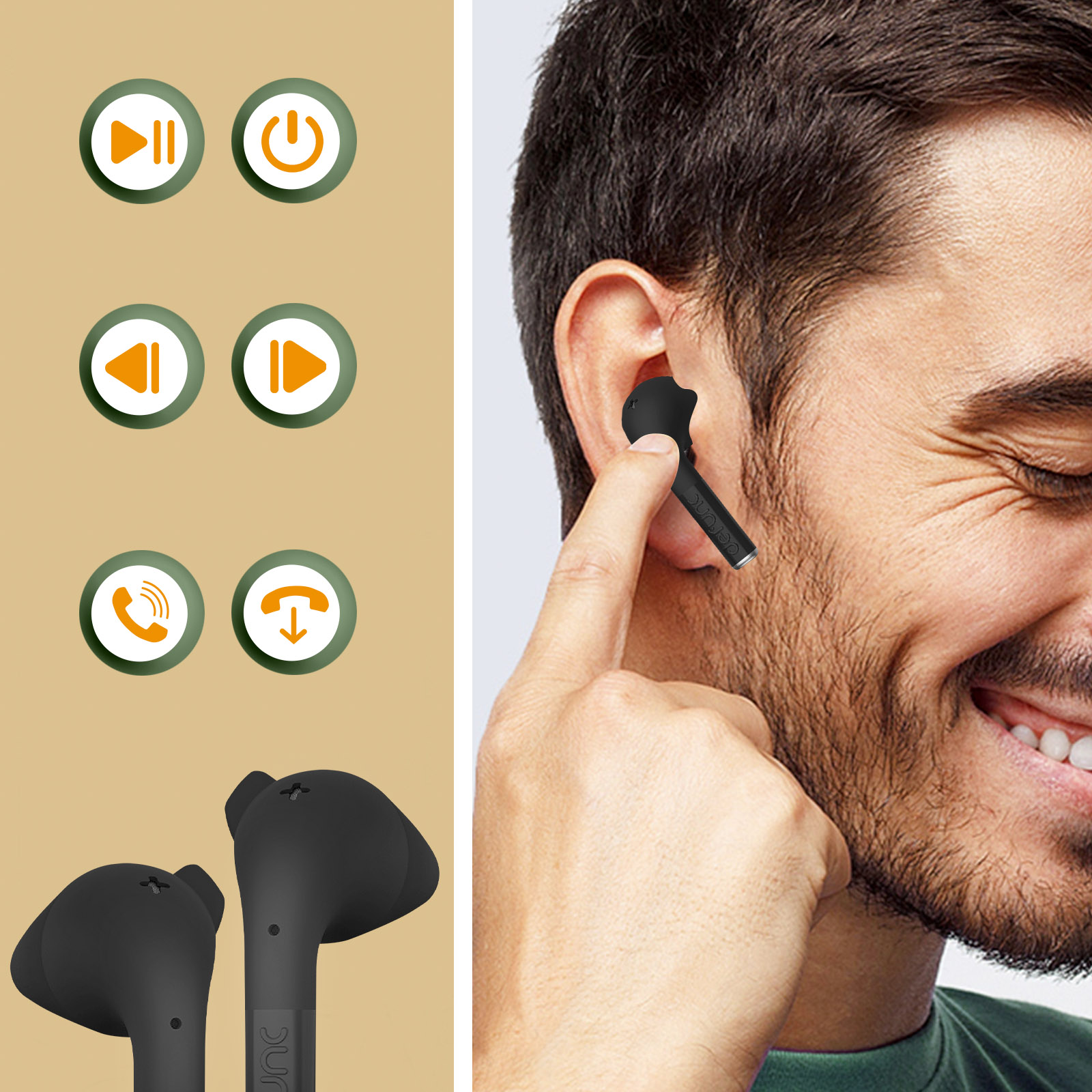 Uomo con auricolari. Auricolari con pulsanti di controllo. Grafica icone sul lato sinistro.