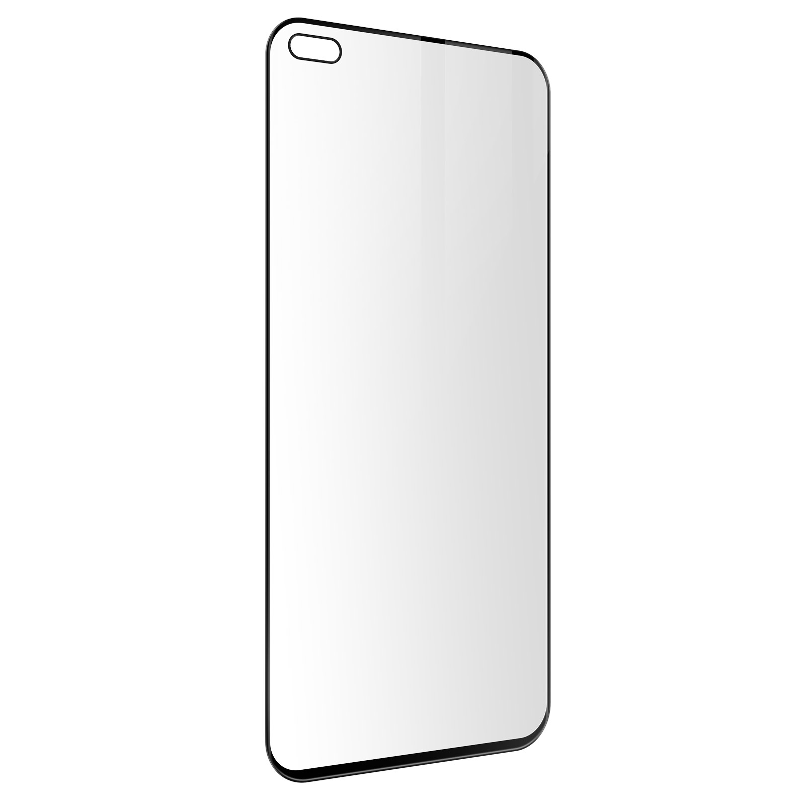 Proteggi schermo trasparente per telefono con ritaglio per fotocamera, contorno nero, sfondo bianco.