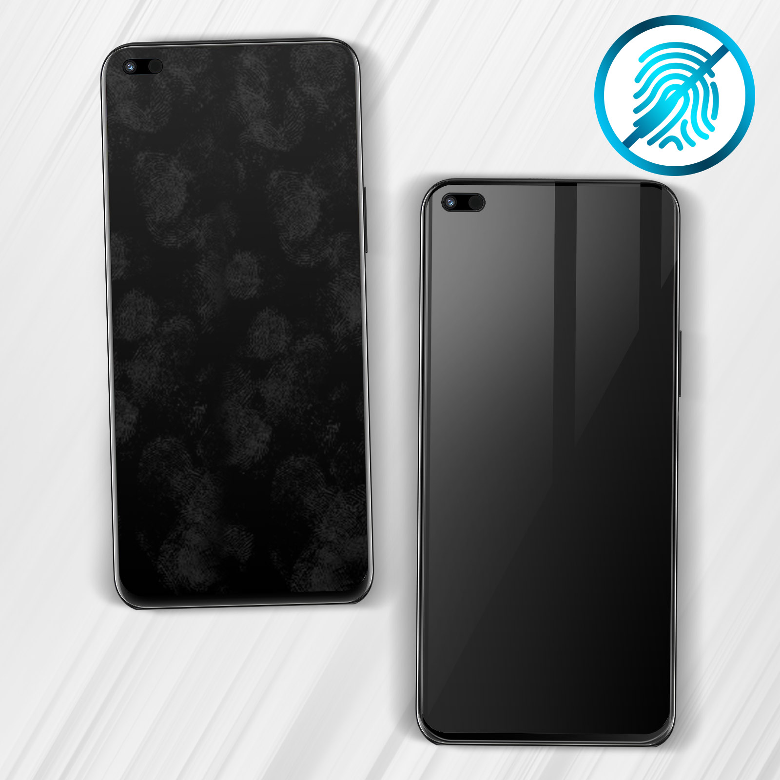 Due telefoni neri, uno con macchie, l'altro pulito, con icona impronta digitale.