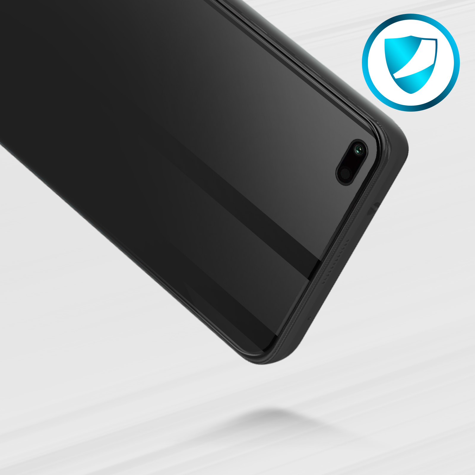Telefono nero con custodia protettiva, su sfondo bianco, con icona scudo.