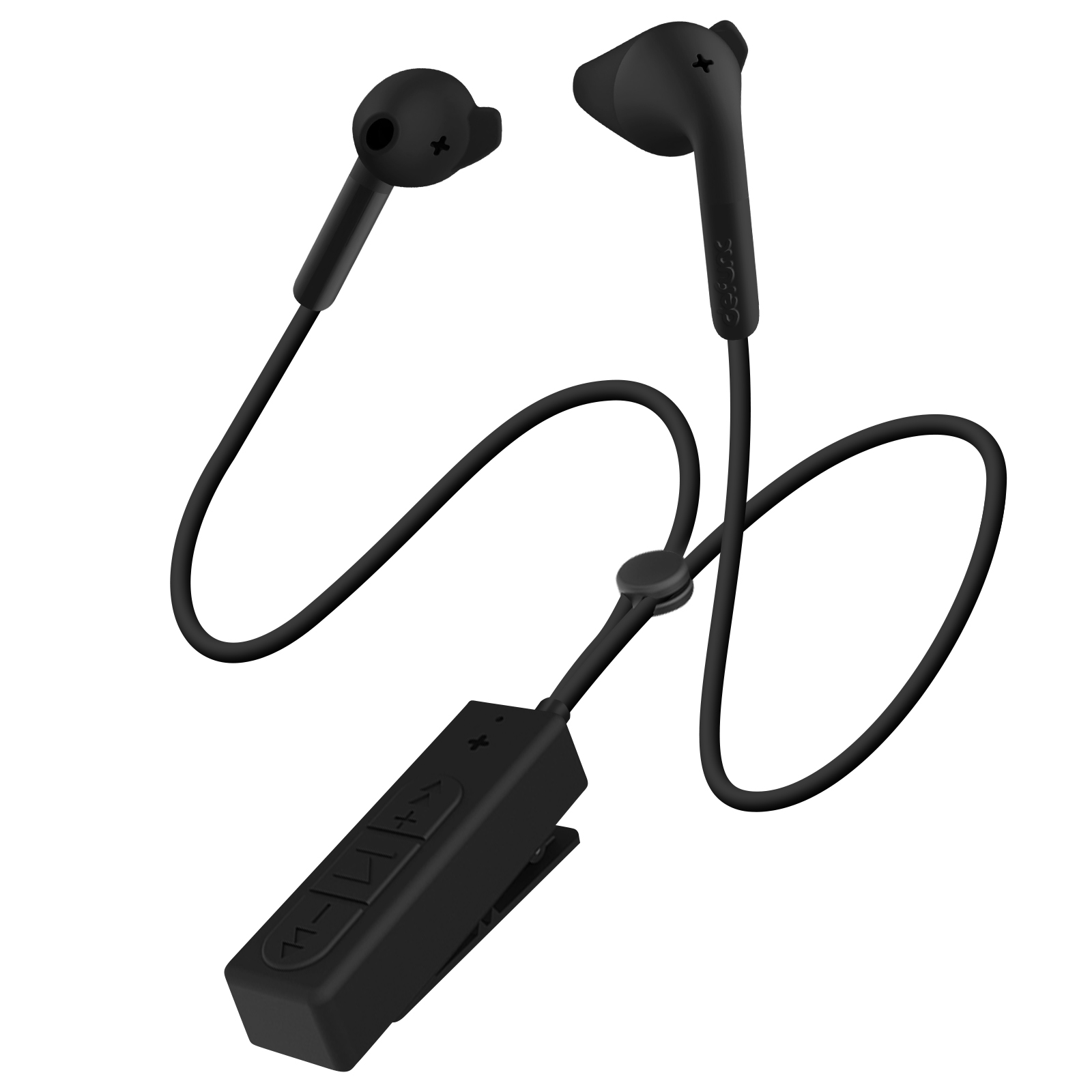 Auricolari wireless neri con unità di controllo nera. Gli auricolari sono collegati da un cavo nero.