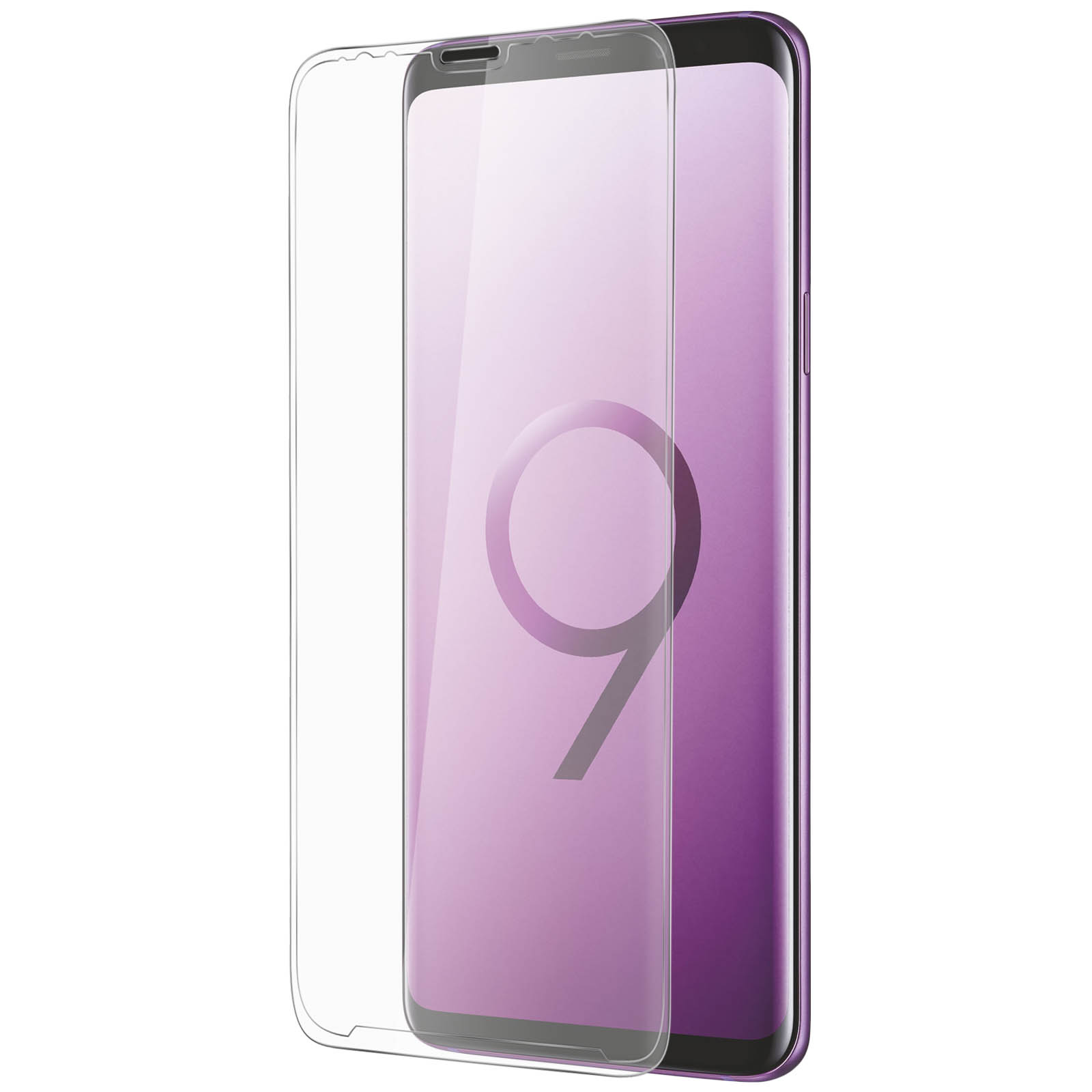 Telefono con protezione schermo applicata. Telefono viola, protezione trasparente.