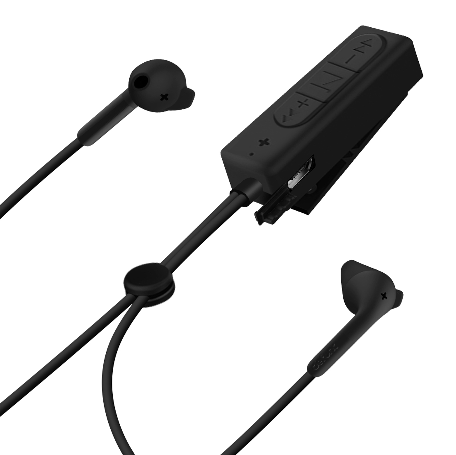 Auricolari wireless neri con pannello di controllo e porta di ricarica.