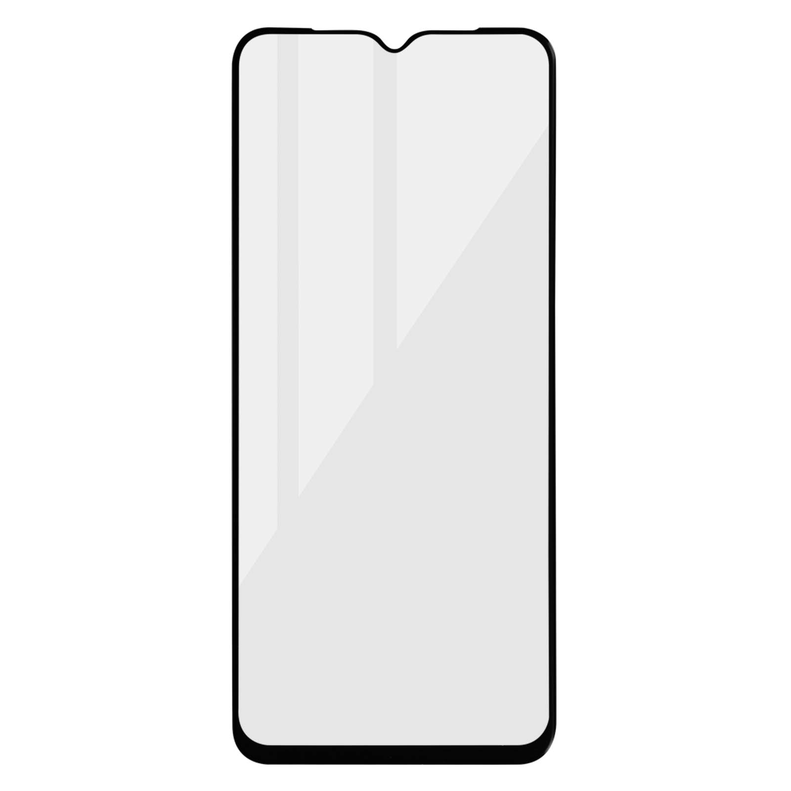Una protezione schermo per telefono, bianca, con bordo nero. Sfondo bianco.